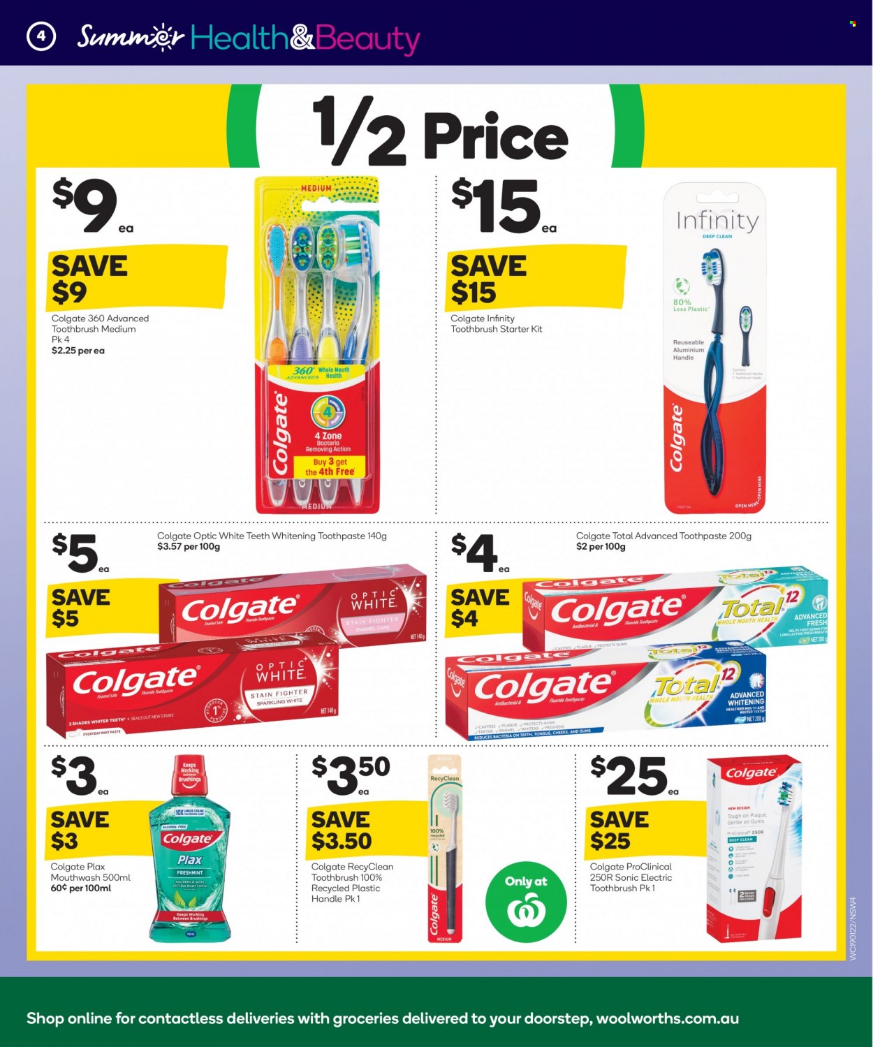 thumbnail - Woolworths Catalogue - 19 Jan 2022 - 25 Jan 2022 - Sales products - Colgate, toothbrush, toothpaste, mouthwash, Plax, Infinity, shades. Page 5.