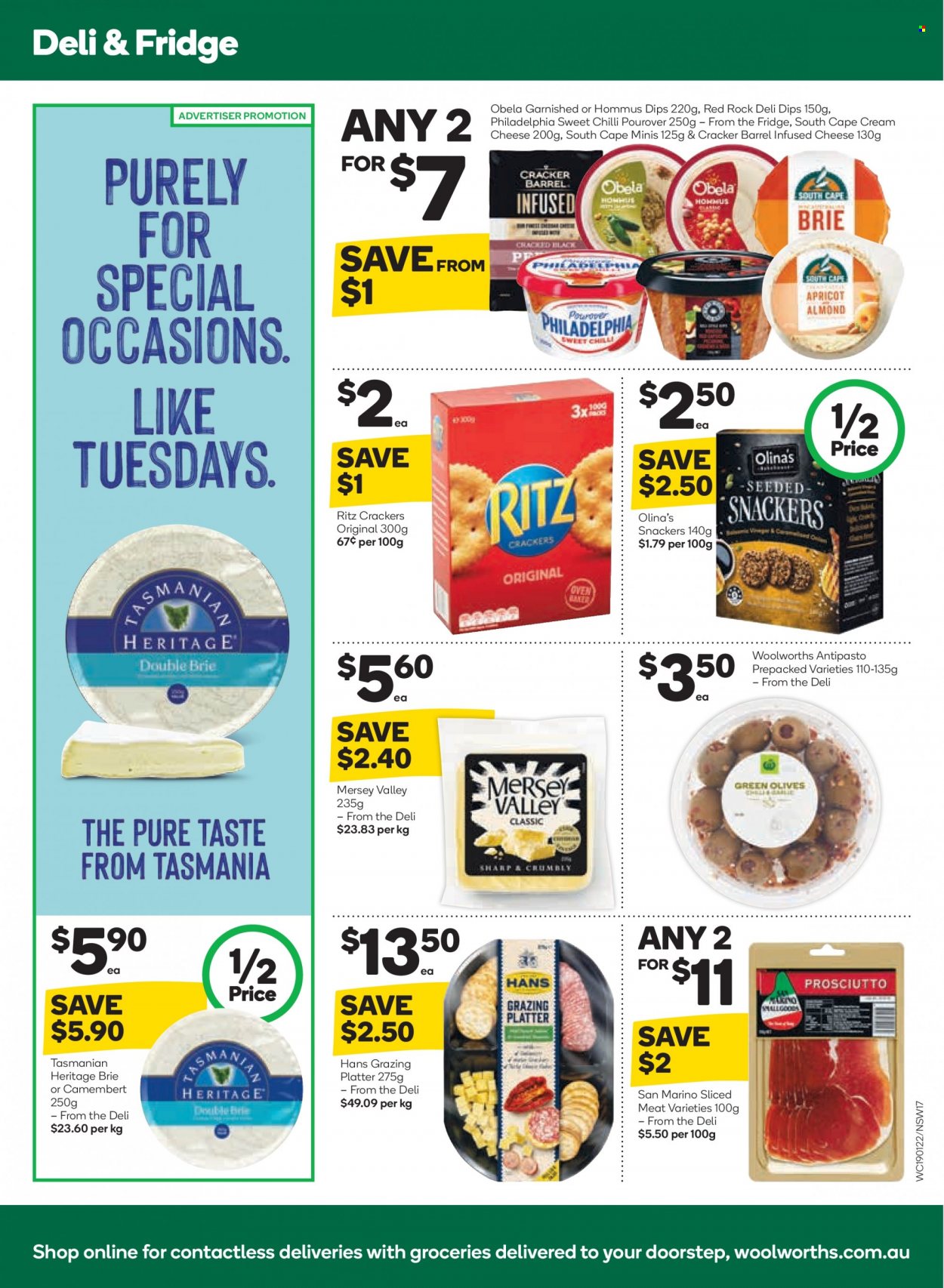 thumbnail - Woolworths Catalogue - 19 Jan 2022 - 25 Jan 2022 - Sales products - hummus, Obela, camembert, cream cheese, Philadelphia, cheese, brie, Mersey Valley, Tasmanian Heritage, crackers, RITZ. Page 17.
