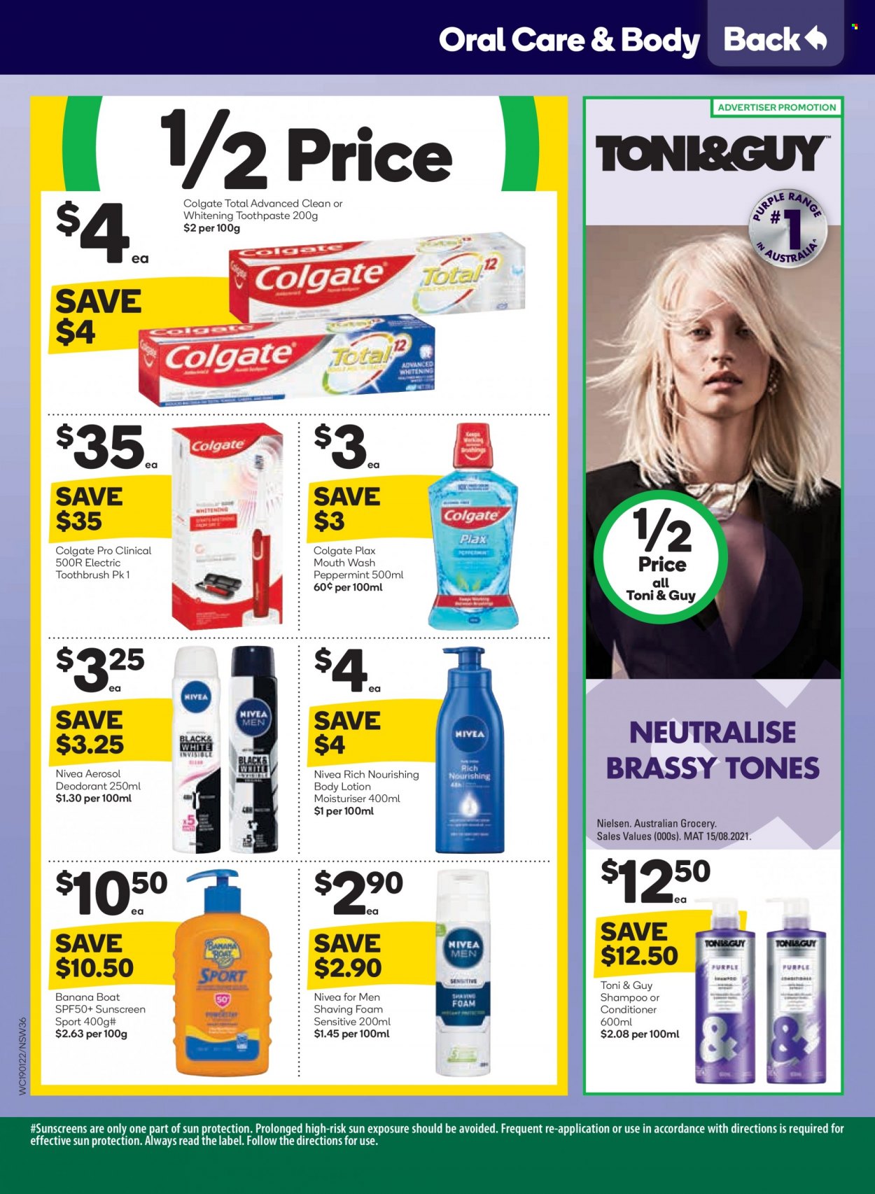 thumbnail - Woolworths Catalogue - 19 Jan 2022 - 25 Jan 2022 - Sales products - Nivea, shampoo, Colgate, toothbrush, toothpaste, Plax, conditioner, Toni & Guy, body lotion, anti-perspirant, deodorant, shaving foam, electric toothbrush, boat. Page 36.