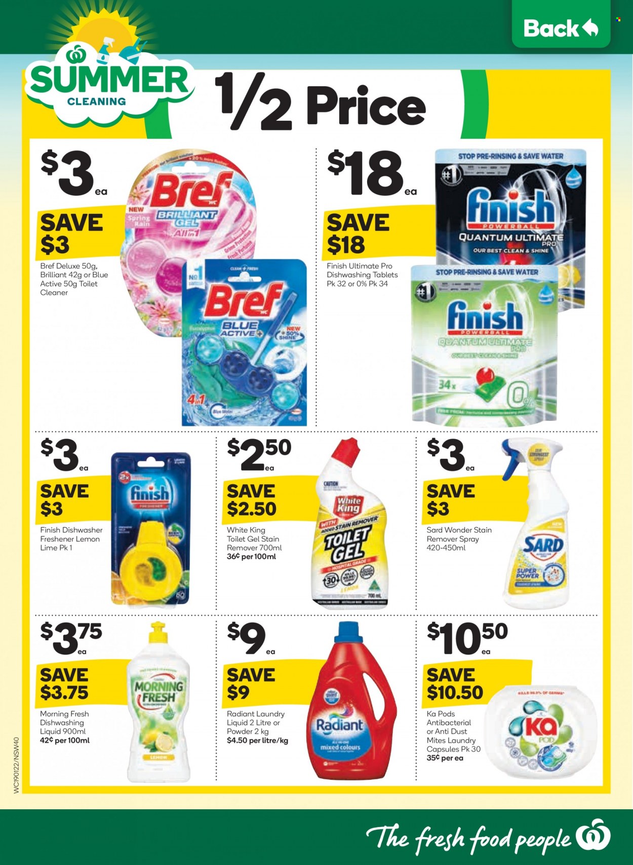 thumbnail - Woolworths Catalogue - 19 Jan 2022 - 25 Jan 2022 - Sales products - cleaner, toilet cleaner, stain remover, laundry detergent, laundry capsules, dishwashing liquid, Finish Quantum Ultimate. Page 40.