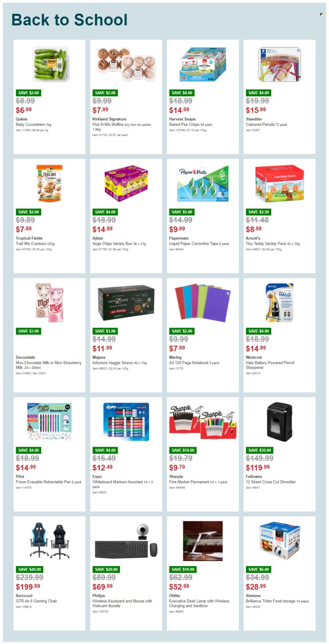 thumbnail - Costco Catalogue - 17 Jan 2022 - 30 Jan 2022 - Sales products - Philips, milk chocolate, chocolate, crackers, muffin, chips, veggie straws, cucumber, trail mix, bag, sharpener, meal box, paper, pen, whiteboard, marker, Pilot, Paper Mate, Sharpie, keyboard, mouse, webcam, shredder, chair, desk, lamp. Page 2.