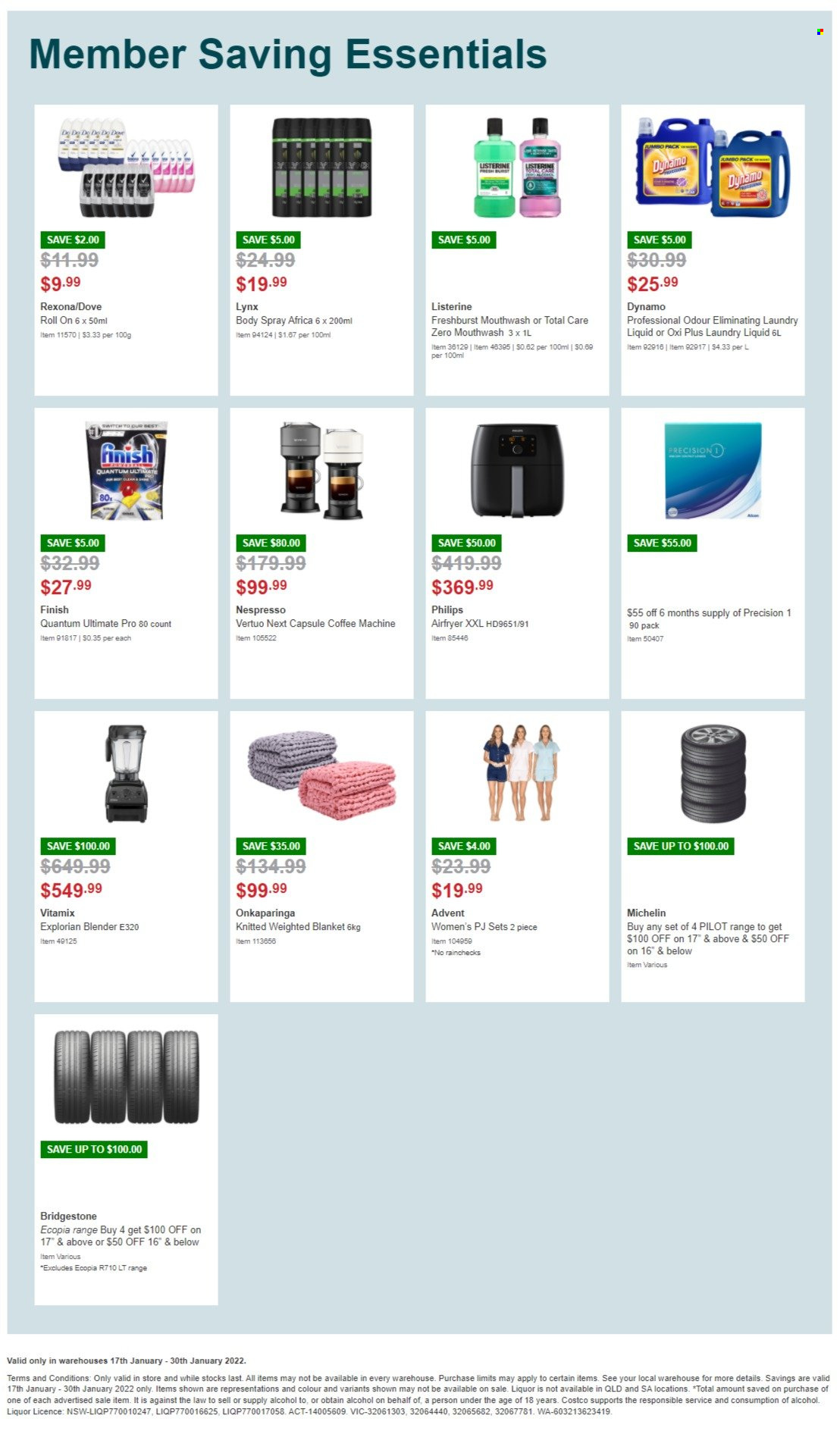 thumbnail - Costco Catalogue - 17 Jan 2022 - 30 Jan 2022 - Sales products - Philips, Nespresso, liquor, Dove, laundry detergent, Listerine, mouthwash, body spray, Rexona, roll-on, Pilot, blanket, coffee machine, capsule coffee machine, blender, air fryer, weighted blanket, Bridgestone, Michelin. Page 4.