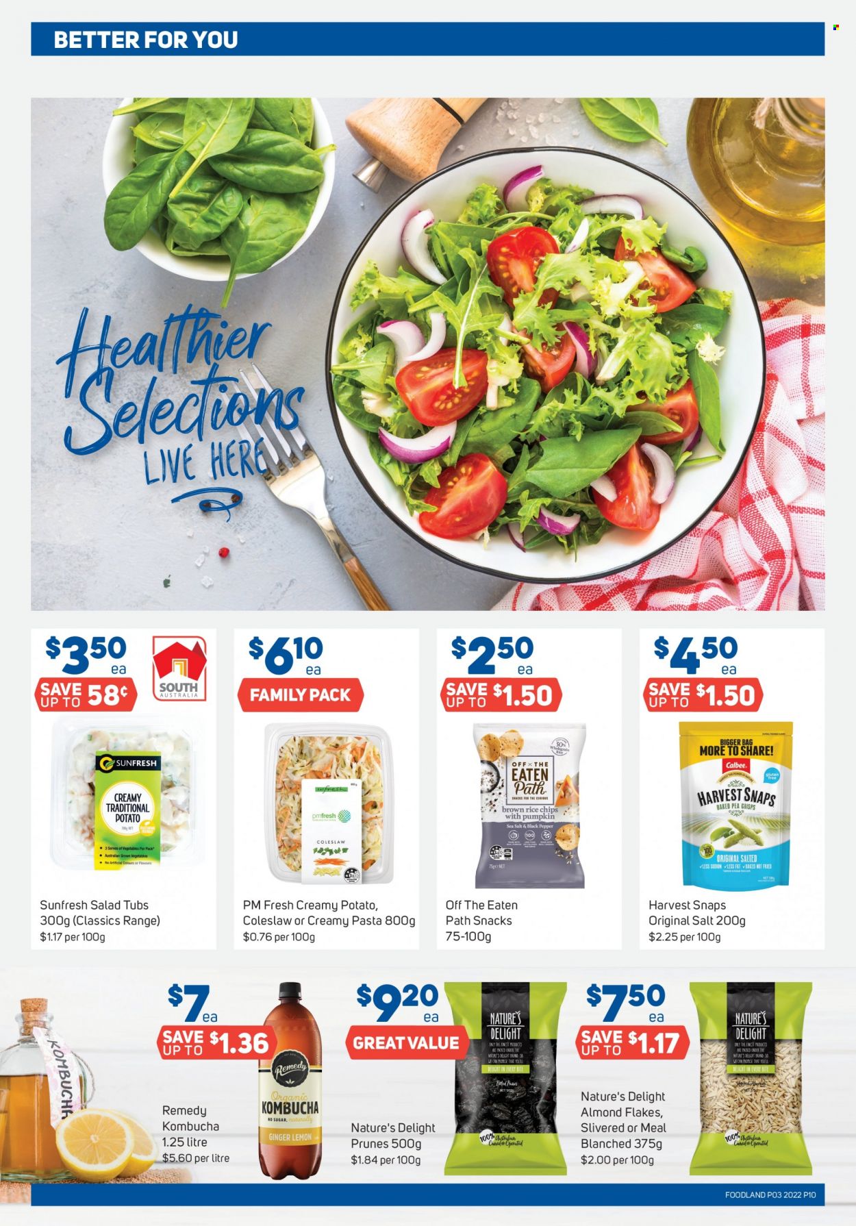thumbnail - Foodland Catalogue - 19 Jan 2022 - 25 Jan 2022 - Sales products - ginger, coleslaw, snack, chips, Harvest Snaps, brown rice, rice, whole grain rice, black pepper, prunes, dried fruit, kombucha. Page 10.