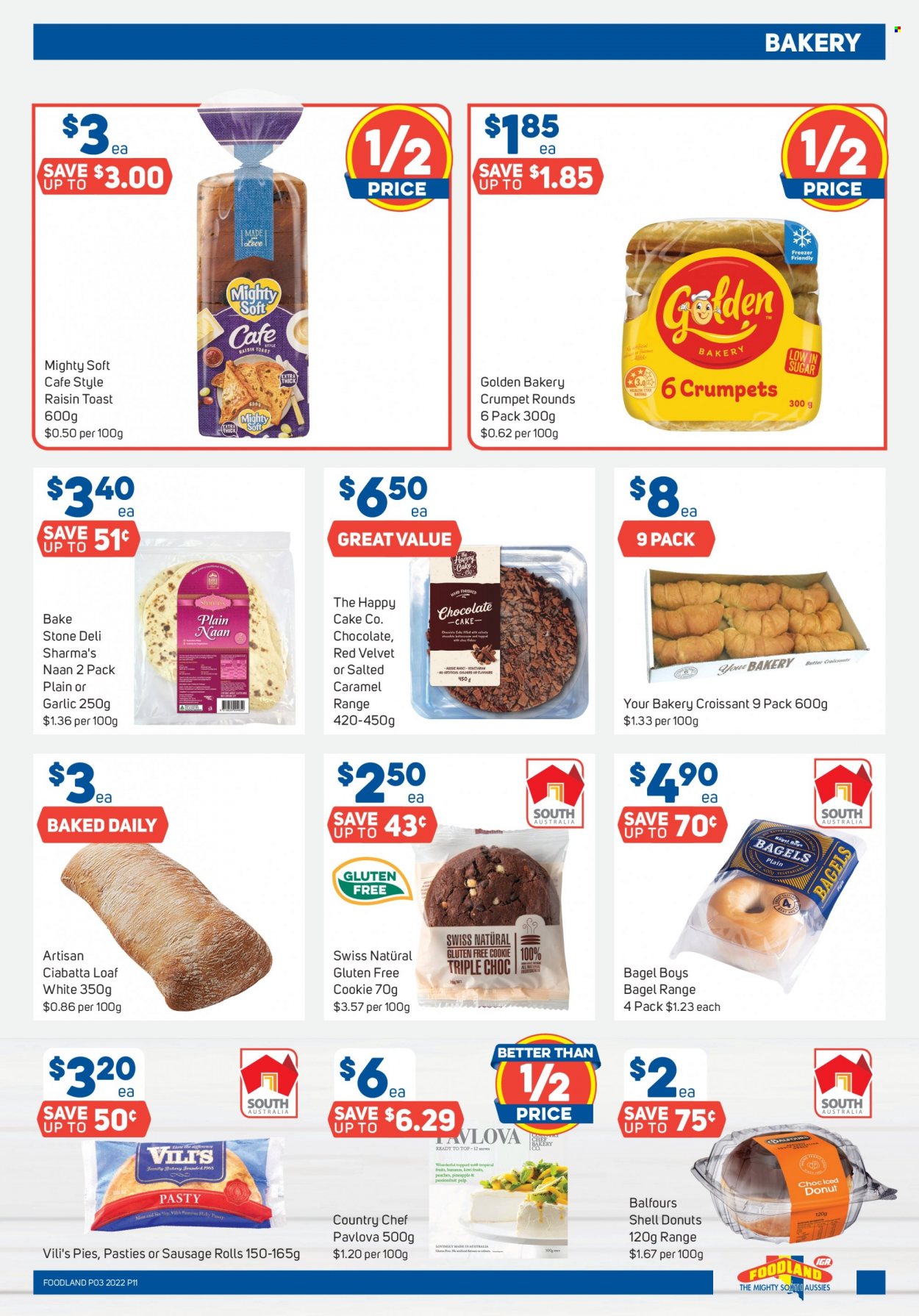 thumbnail - Foodland Catalogue - 19 Jan 2022 - 25 Jan 2022 - Sales products - bagels, ciabatta, sausage rolls, cake, croissant, crumpets, donut, garlic, bananas, kiwi, peaches, sausage, chocolate, Aussie. Page 11.