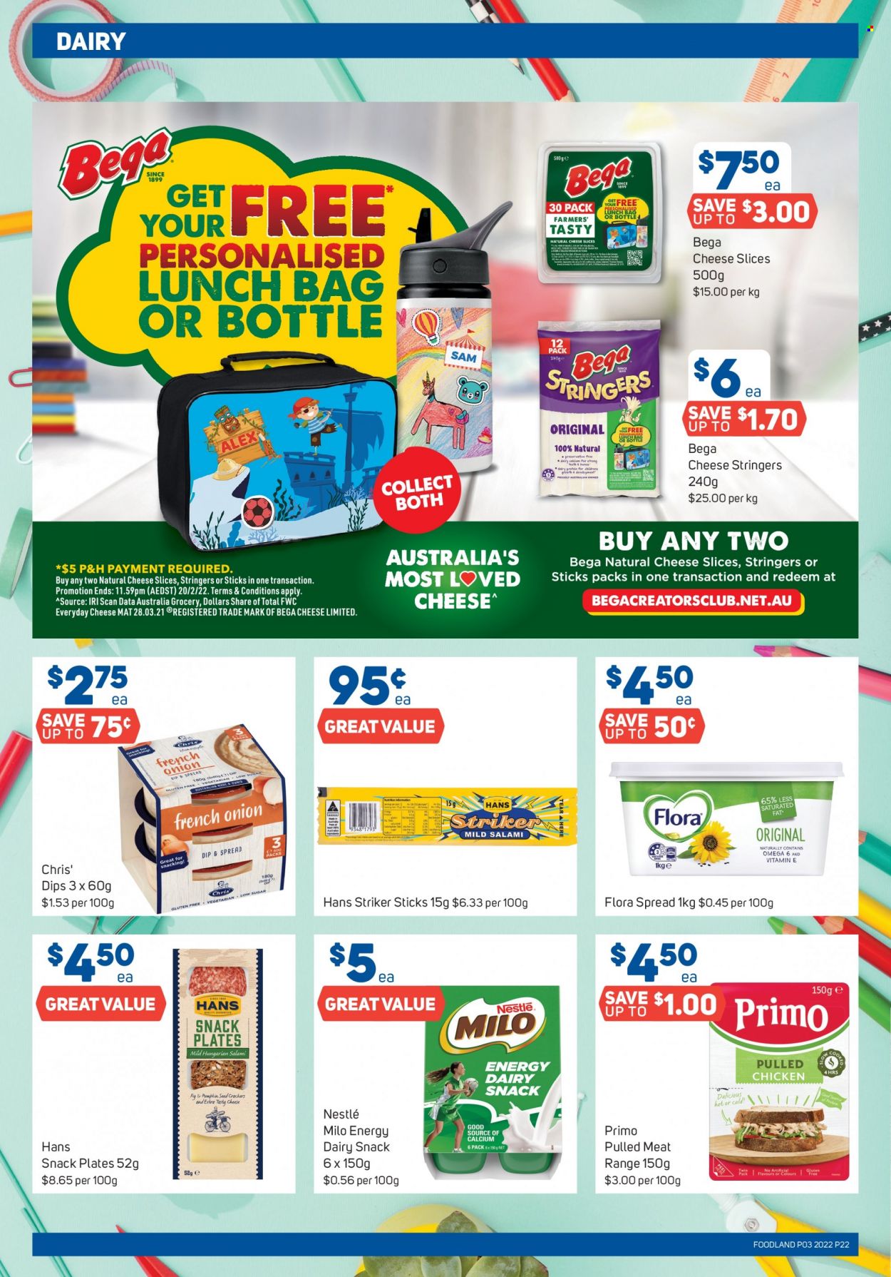 thumbnail - Foodland Catalogue - 19 Jan 2022 - 25 Jan 2022 - Sales products - pulled chicken, salami, sliced cheese, cheese, Milo, Flora, Nestlé, snack, crackers. Page 22.