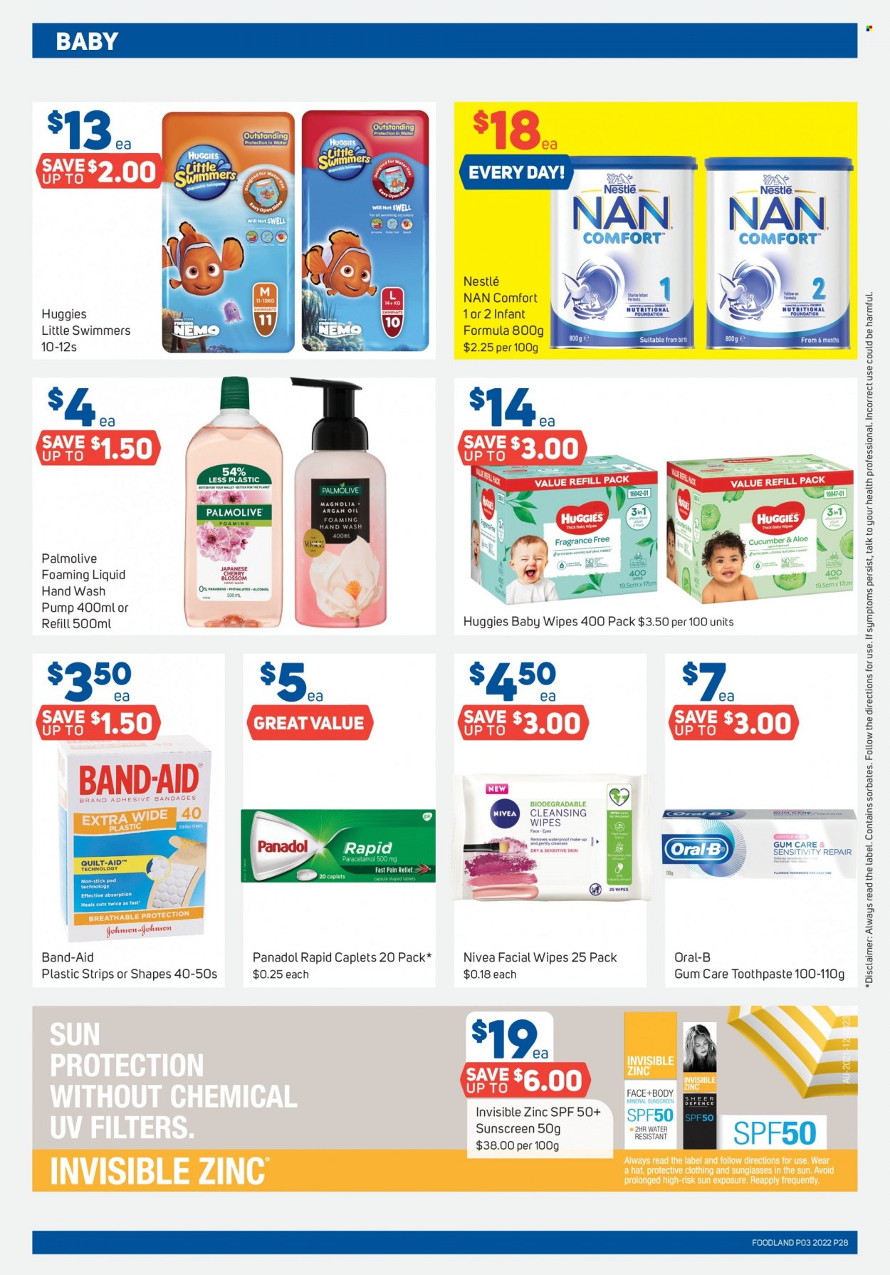 thumbnail - Foodland Catalogue - 19 Jan 2022 - 25 Jan 2022 - Sales products - cherries, Blossom, strips, Nestlé, alcohol, cleansing wipes, wipes, Huggies, baby wipes, Swimpants, Nivea, hand wash, Palmolive, Oral-B, toothpaste, makeup, pain relief, argan oil, zinc, Panadol, band-aid. Page 28.