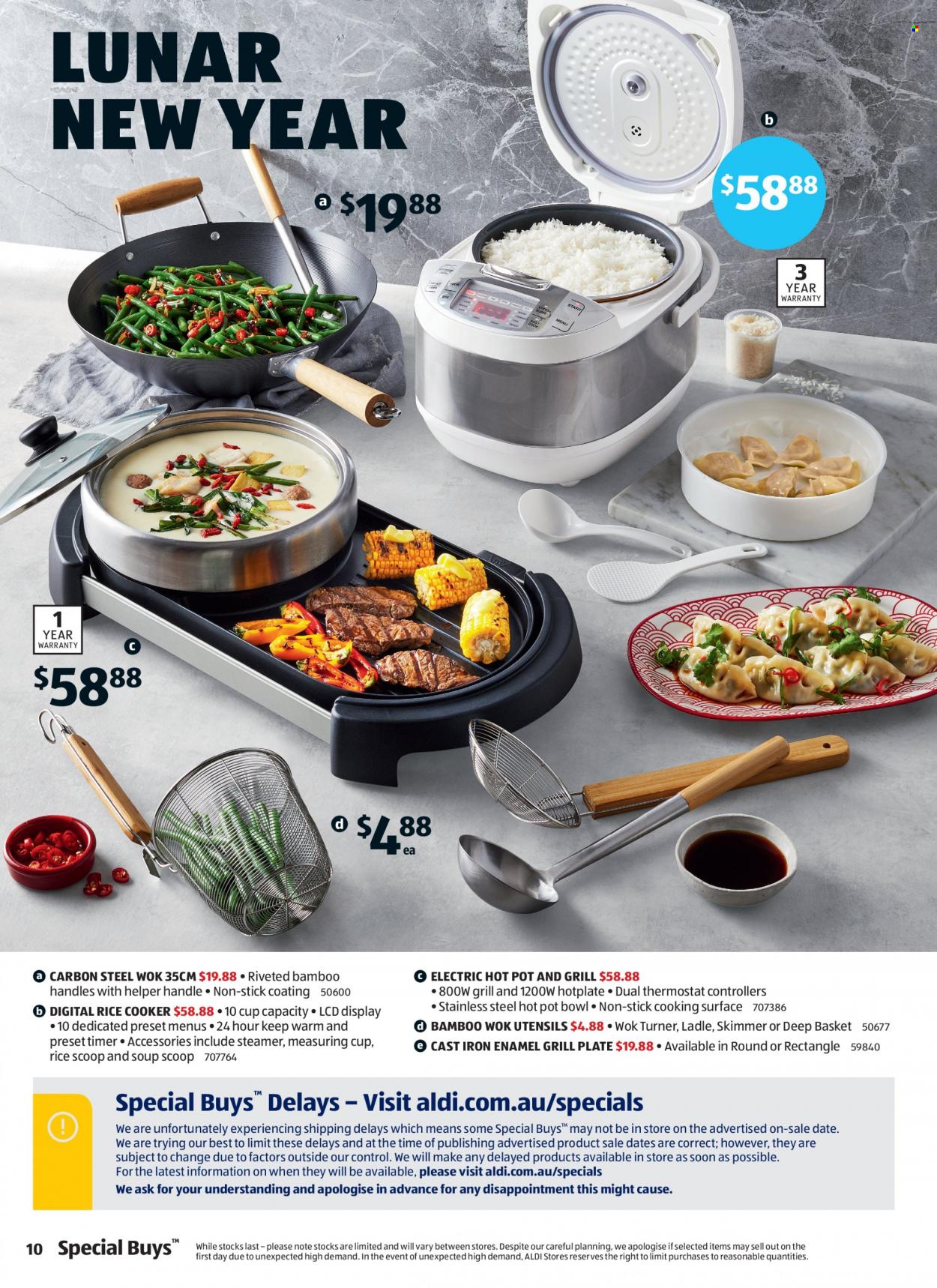 thumbnail - ALDI Catalogue - 26 Jan 2022 - 1 Feb 2022 - Sales products - soup, basket, utensils, plate, pot, wok, rice cooker, measuring cup. Page 10.