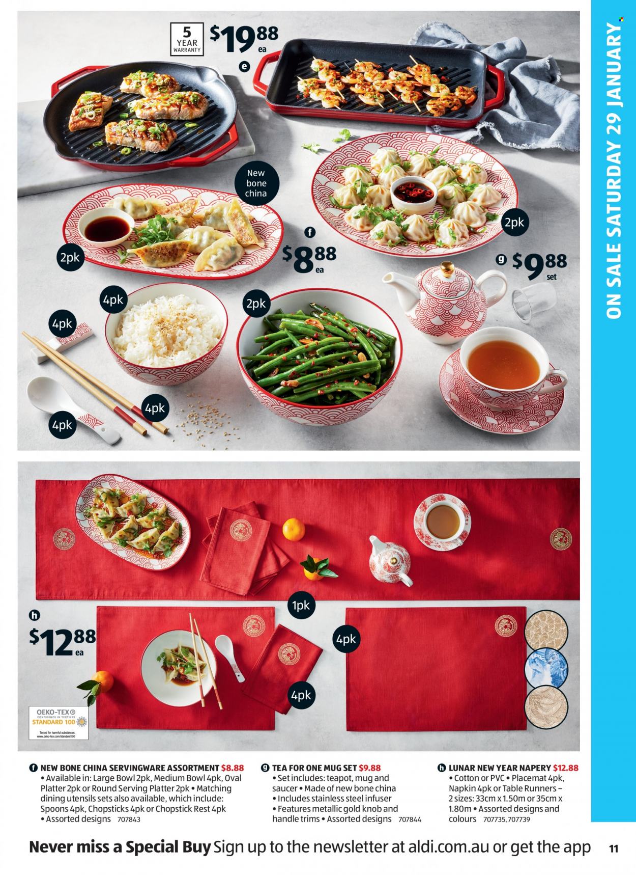 thumbnail - ALDI Catalogue - 26 Jan 2022 - 1 Feb 2022 - Sales products - tea, napkins, mug, spoon, teapot, utensils, saucer, table runner, placemat, table. Page 11.