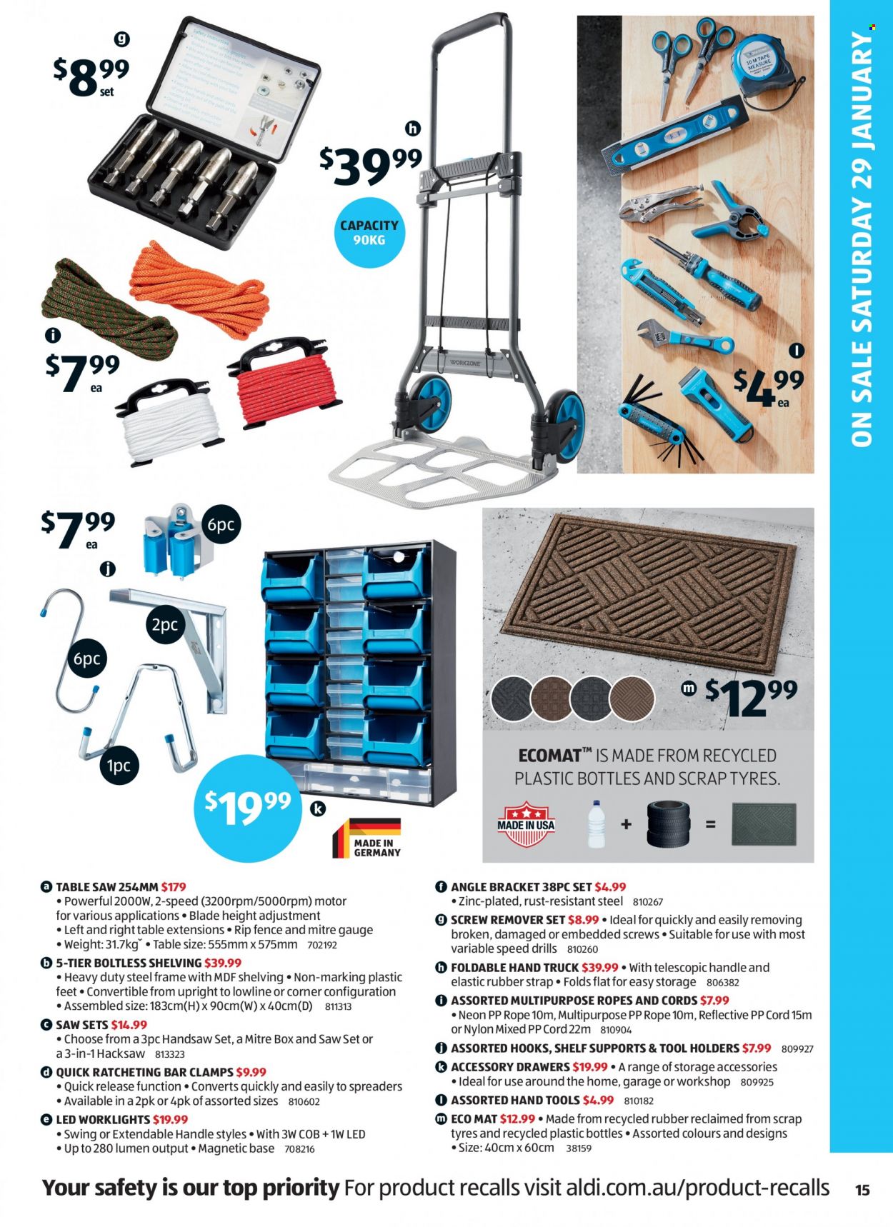 thumbnail - ALDI Catalogue - 26 Jan 2022 - 1 Feb 2022 - Sales products - hook, eraser, table, saw, hacksaw, table saw, handsaw, hand tools, hand truck, strap, tires, zinc. Page 15.
