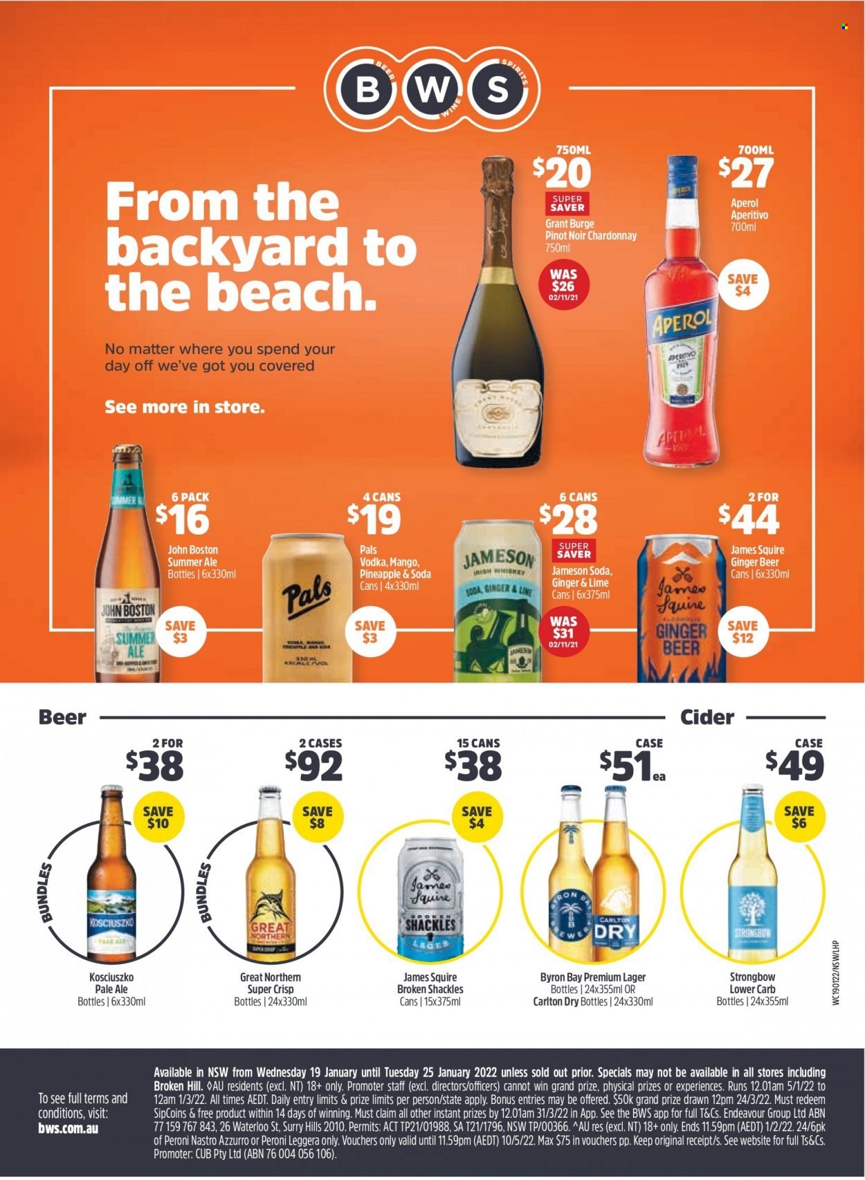thumbnail - BWS Catalogue - 19 Jan 2022 - 25 Jan 2022 - Sales products - soda, red wine, white wine, Chardonnay, wine, Pinot Noir, vodka, whiskey, irish whiskey, Jameson, Aperol, whisky, cider, beer, Peroni, Lager, ginger beer. Page 1.