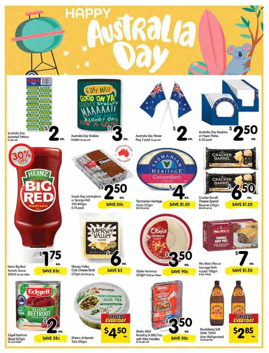 thumbnail - SPAR Catalogue - 19 Jan 2022 - 25 Jan 2022 - Sales products - beetroot, sauce, beef pie, hummus, Obela, camembert, cheese, Mersey Valley, Tasmanian Heritage, crackers, tomato sauce, Heinz, soft drink, napkins, nappies, Aussie, holder, sponge, tray, plate, paper plate. Page 11.