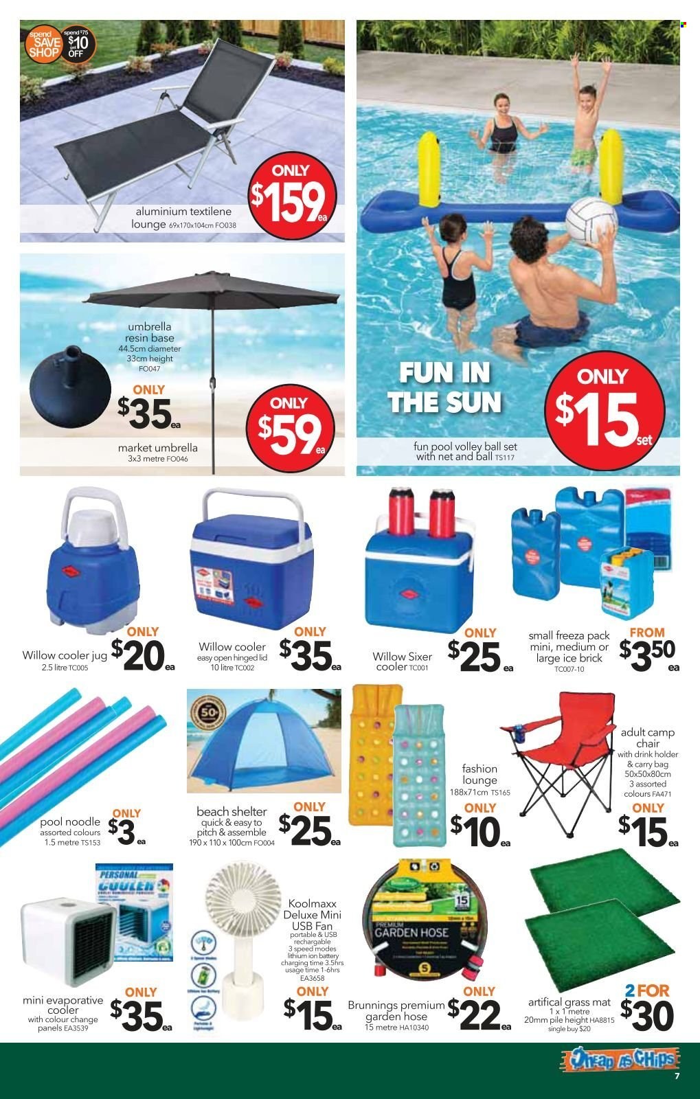 thumbnail - Cheap as Chips Catalogue - 19 Jan 2022 - 25 Jan 2022 - Sales products - chair, lounge, chips, holder, lid, battery, pool noodle, umbrella, beach shelter, garden hose, drink holder. Page 7.