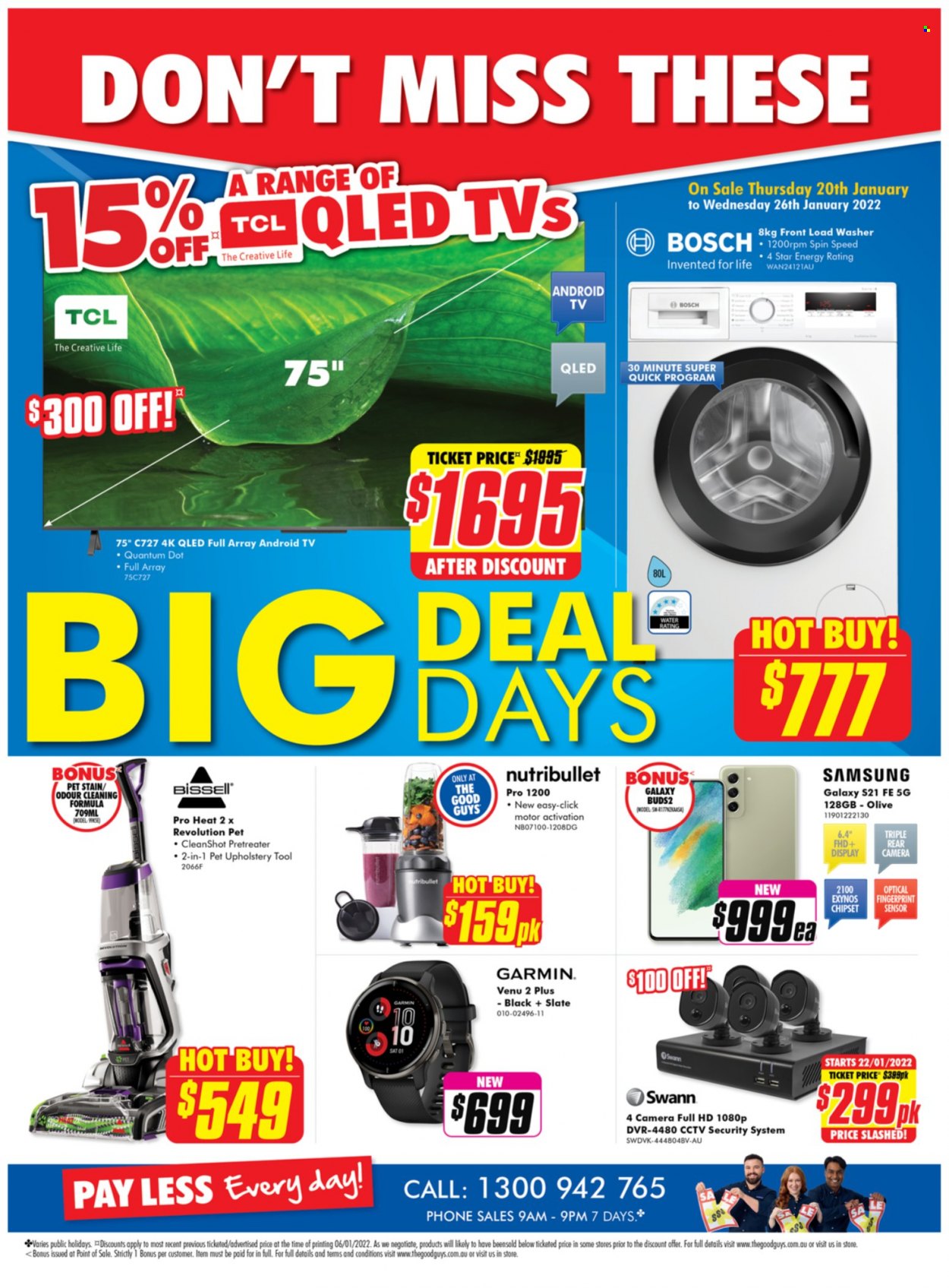 thumbnail - The Good Guys Catalogue - 19 Jan 2022 - 26 Jan 2022 - Sales products - Samsung, TCL, Garmin, Android TV, TV, Bosch, washing machine, Bissell, NutriBullet. Page 2.