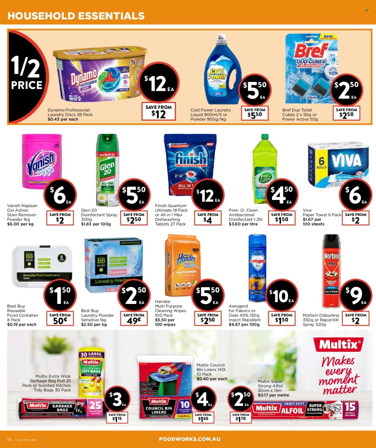 thumbnail - Foodworks Catalogue - 19 Jan 2022 - 25 Jan 2022 - Sales products - cleansing wipes, wipes, Handee, paper towels, desinfection, stain remover, Mortein, Vanish, laundry powder, laundry detergent, Finish Powerball, Finish Quantum Ultimate, antibacterial spray, bag, repellent, bin, container. Page 18.