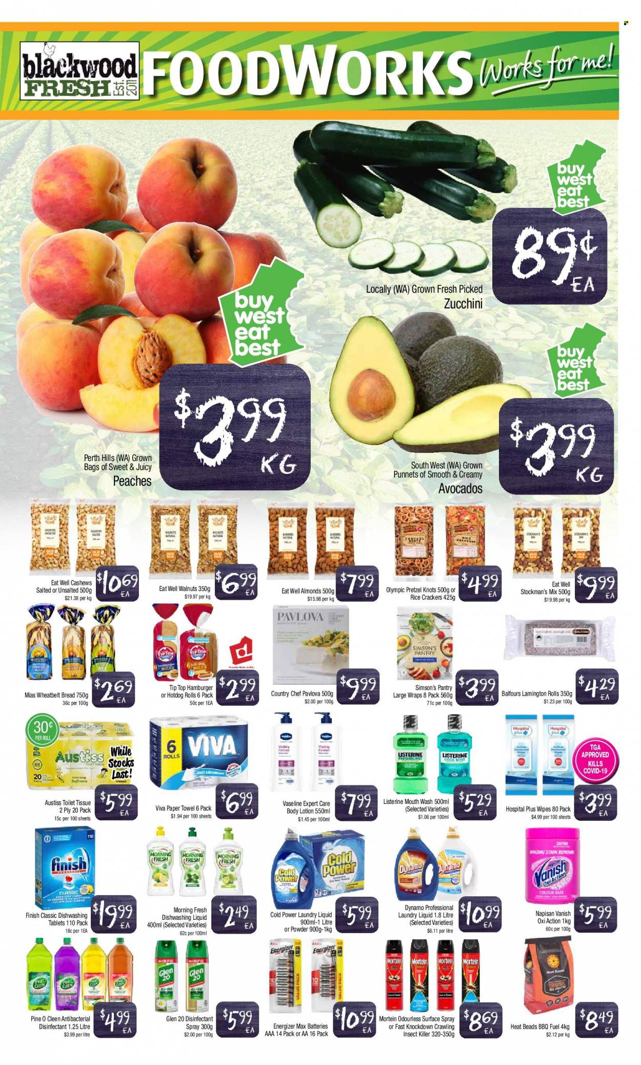 thumbnail - Foodworks Catalogue - 19 Jan 2022 - 25 Jan 2022 - Sales products - bread, tortillas, hot dog rolls, pretzels, Tip Top, wraps, zucchini, avocado, hamburger, crackers, rice crackers, almonds, cashews, walnuts, wipes, toilet paper, paper towels, desinfection, antibacterial spray, Mortein, Vanish, laundry detergent, dishwashing liquid, dishwasher tablets, Vaseline, Listerine, mouthwash, body lotion, insect killer, battery, Energizer, aa batteries, Hill's. Page 3.