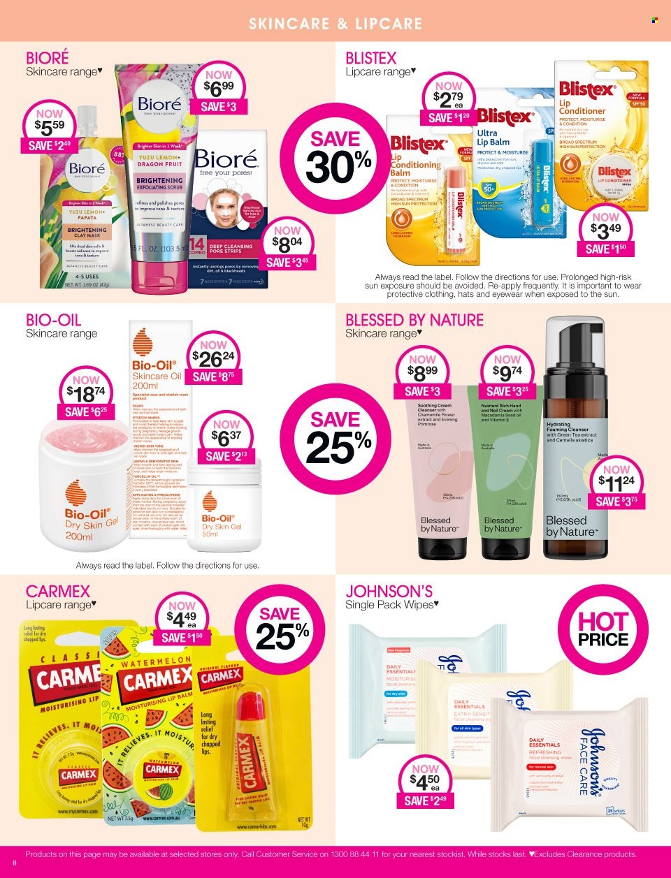 thumbnail - Priceline Pharmacy Catalogue - 21 Jan 2022 - 2 Feb 2022 - Sales products - wipes, Johnson's, cleanser, lip balm, Bioré®, conditioner. Page 8.