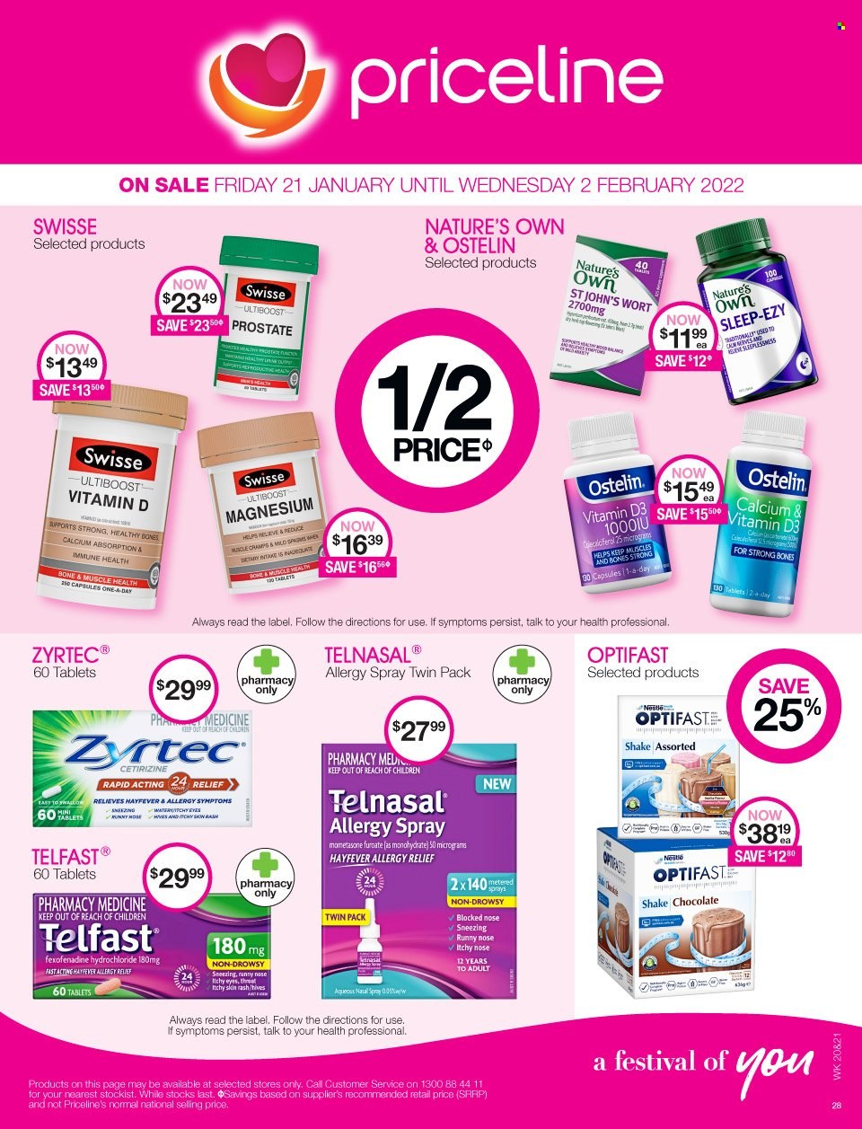 thumbnail - Priceline Pharmacy Catalogue - 21 Jan 2022 - 2 Feb 2022 - Sales products - Swisse, calcium, magnesium, Nestlé, Zyrtec, Nature's Own, vitamin D3, Ostelin, allergy relief, Telfast. Page 28.