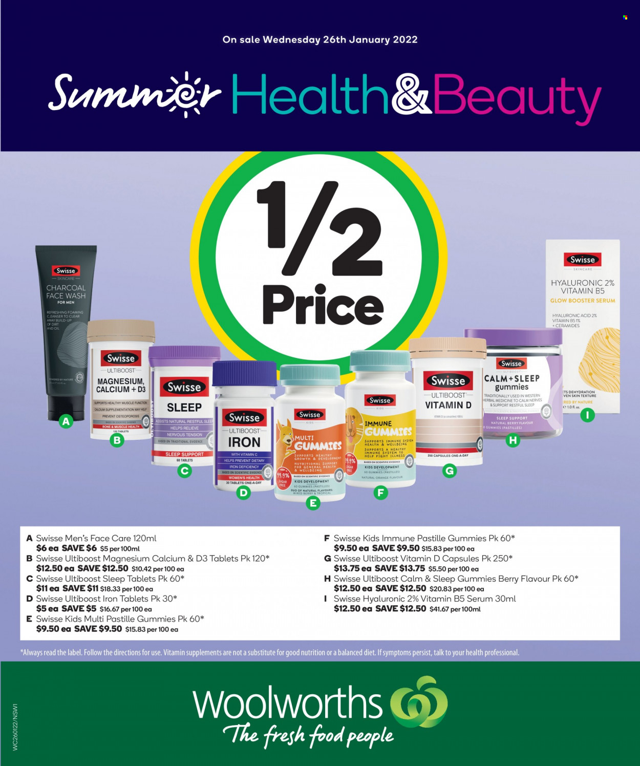thumbnail - Woolworths Catalogue - 26 Jan 2022 - 1 Feb 2022 - Sales products - oranges, pastilles, face gel, Swisse, serum, face wash, iron, charcoal, calcium, magnesium, vitamin c, iron tablets, vitamin D3. Page 1.
