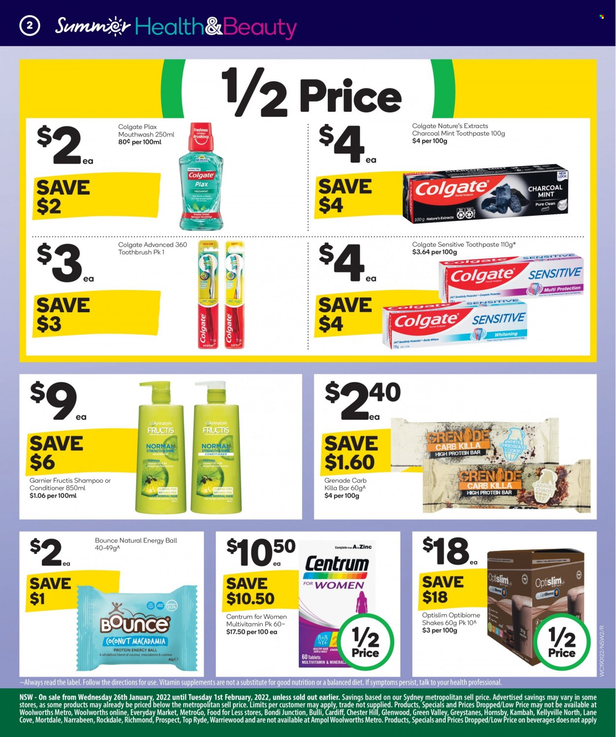 thumbnail - Woolworths Catalogue - 26 Jan 2022 - 1 Feb 2022 - Sales products - shake, macadamia nuts, Bounce, shampoo, Colgate, toothbrush, toothpaste, mouthwash, Plax, Garnier, conditioner, Fructis, multivitamin, zinc, Centrum, Optislim. Page 3.