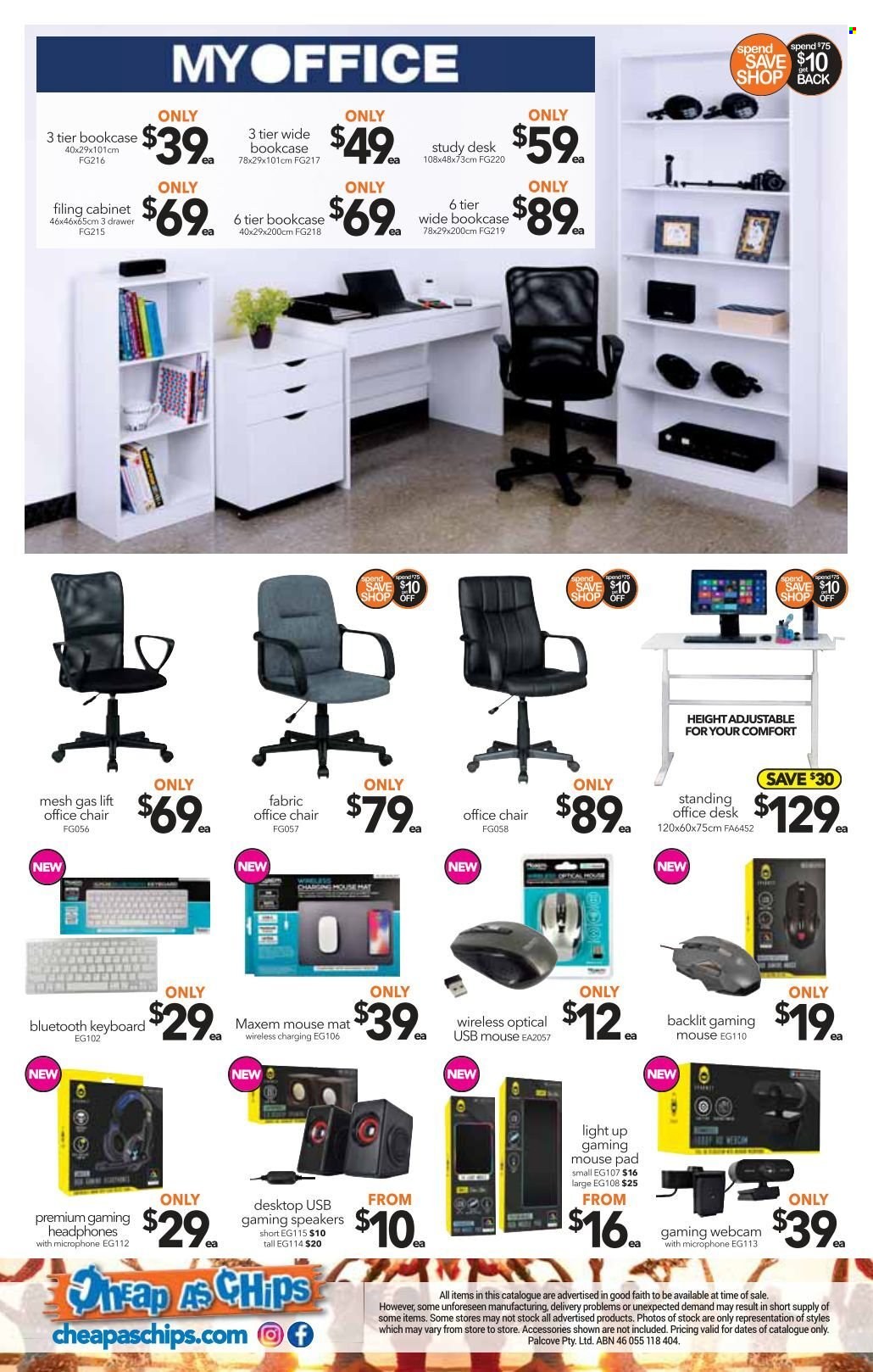 thumbnail - Cheap as Chips Catalogue - 26 Jan 2022 - 1 Feb 2022 - Sales products - cabinet, chair, bookcase, study desk, office desk, desk, office chair, keyboard, mouse, webcam, speaker, headphones. Page 12.