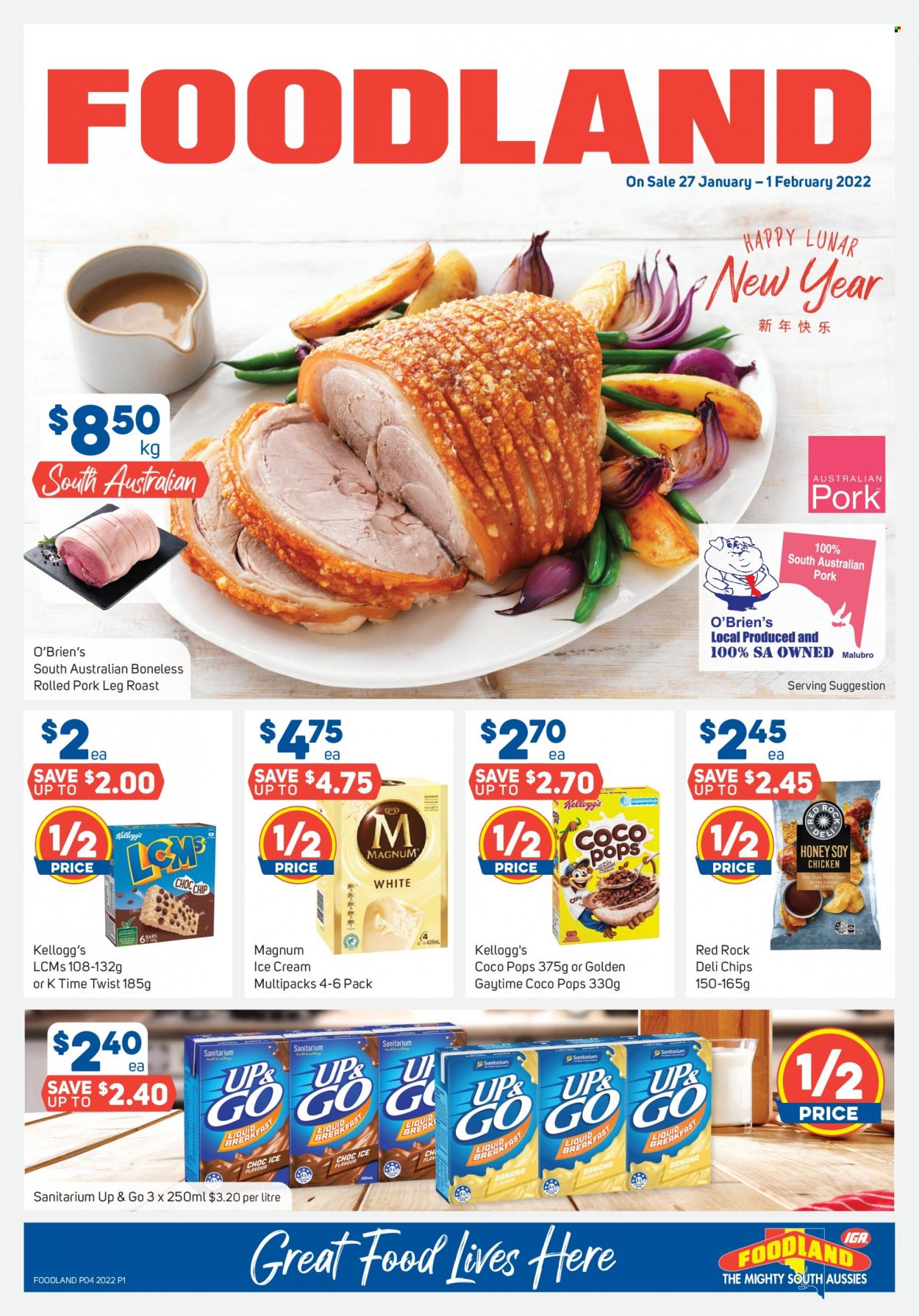 thumbnail - Foodland Catalogue - 27 Jan 2022 - 1 Feb 2022 - Sales products - Magnum, ice cream, Golden Gaytime, Kellogg's, chips, coco pops, honey, pork meat, pork leg. Page 1.
