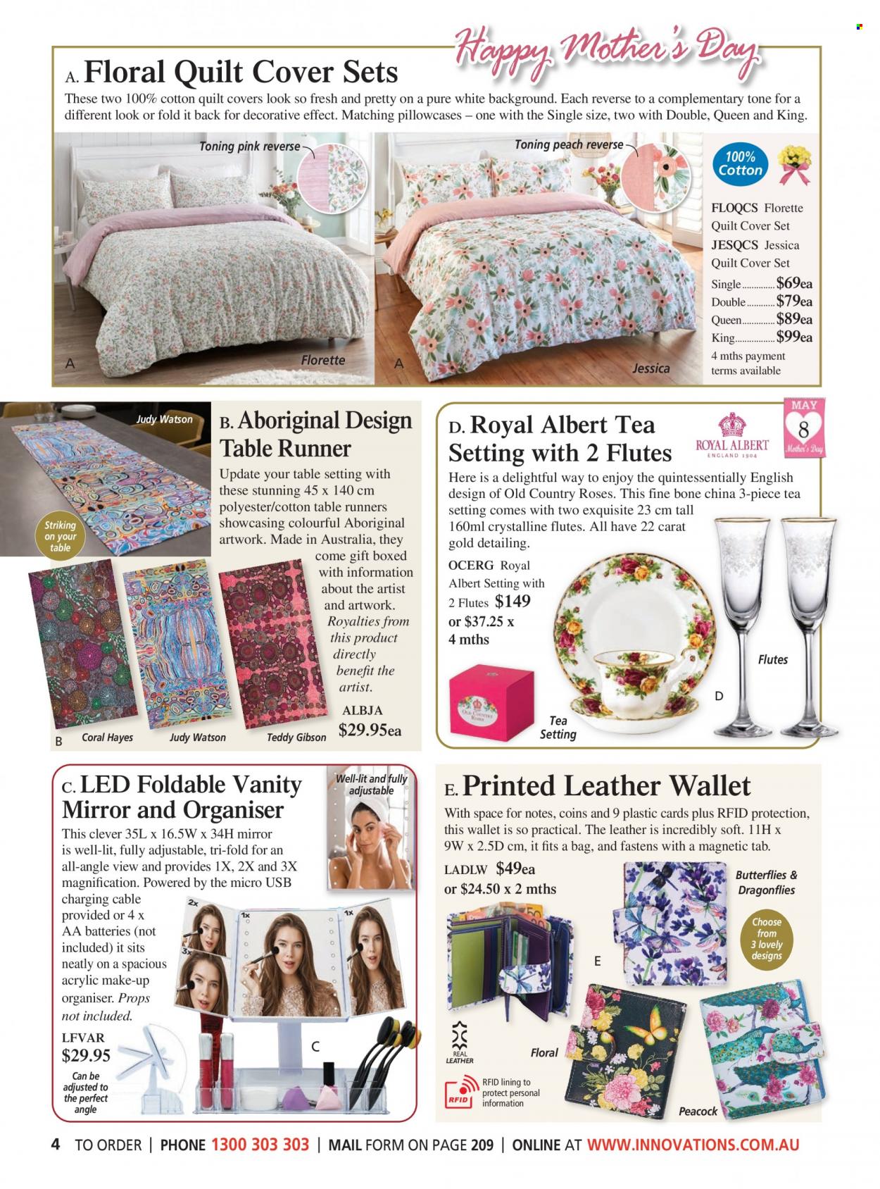 thumbnail - Innovations Catalogue - Sales products - flute, table runner, pillowcase, quilt, cotton quilt, quilt cover set, leather wallet. Page 4.