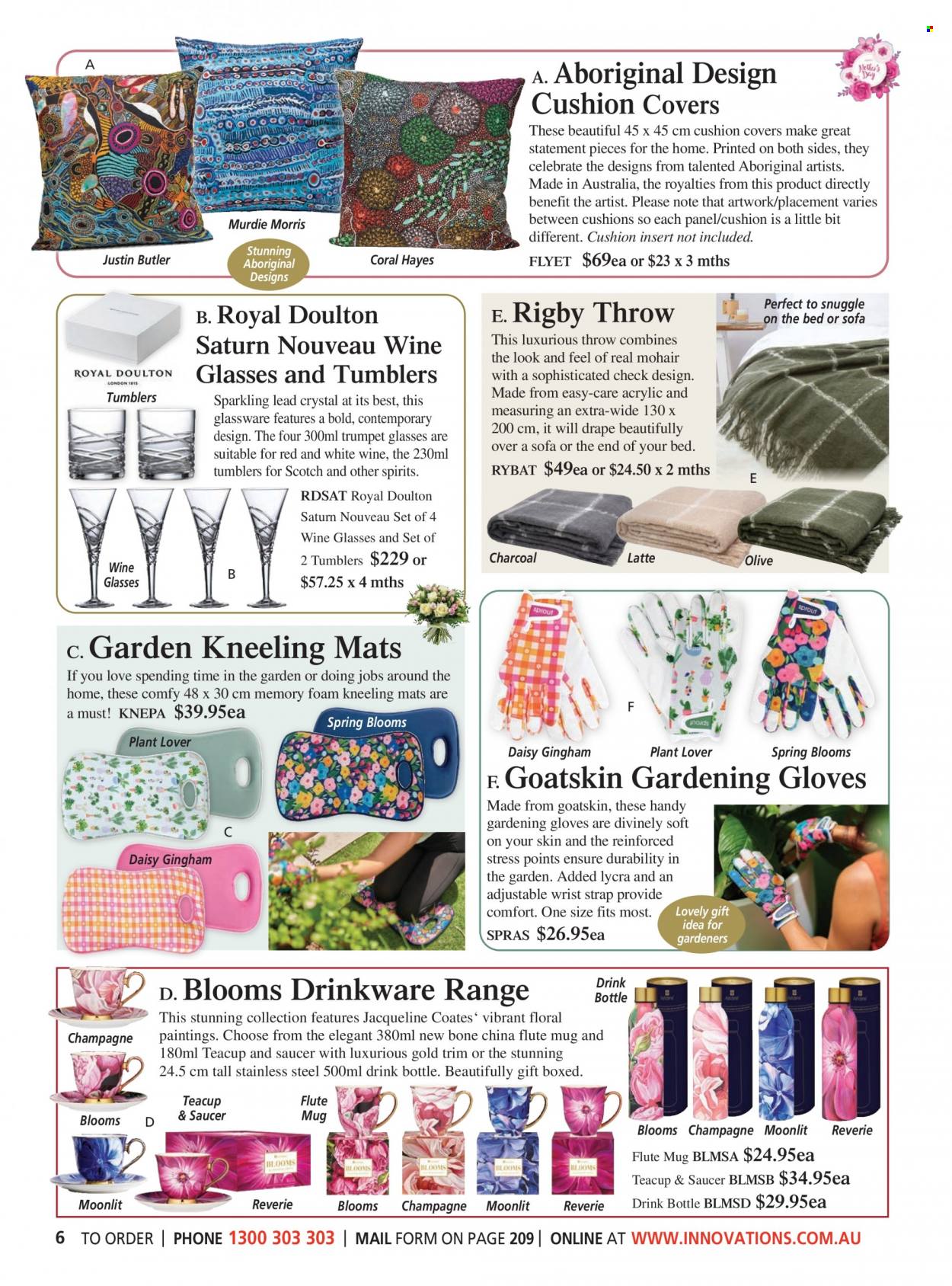 thumbnail - Innovations Catalogue - Sales products - gloves, drinkware, glassware set, mug, tumbler, wine glass, saucer, drink bottle, flute, trumpet, cushion. Page 6.