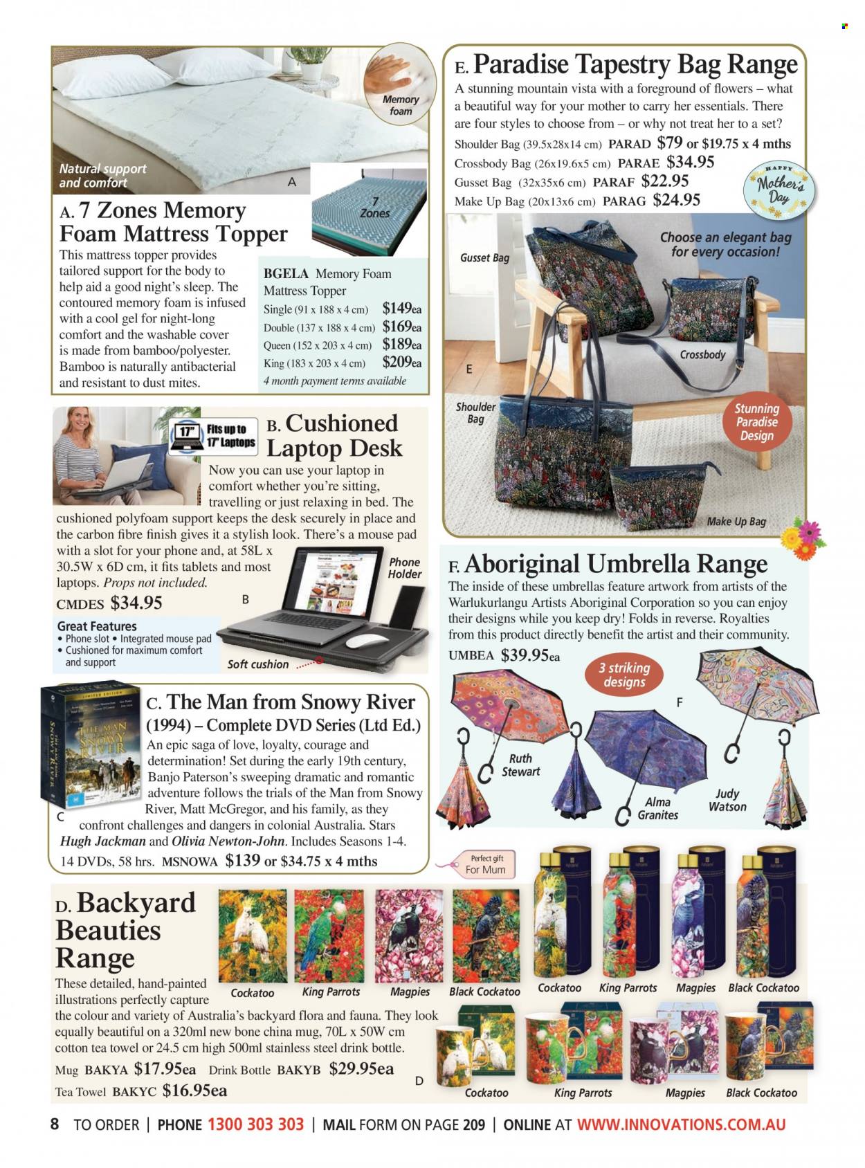 thumbnail - Innovations Catalogue - Sales products - mug, drink bottle, DVD, banjo, tea towels, cushion, tapestry, topper, mattress protector, mouse, cross body bag, shoulder bag, umbrella. Page 8.