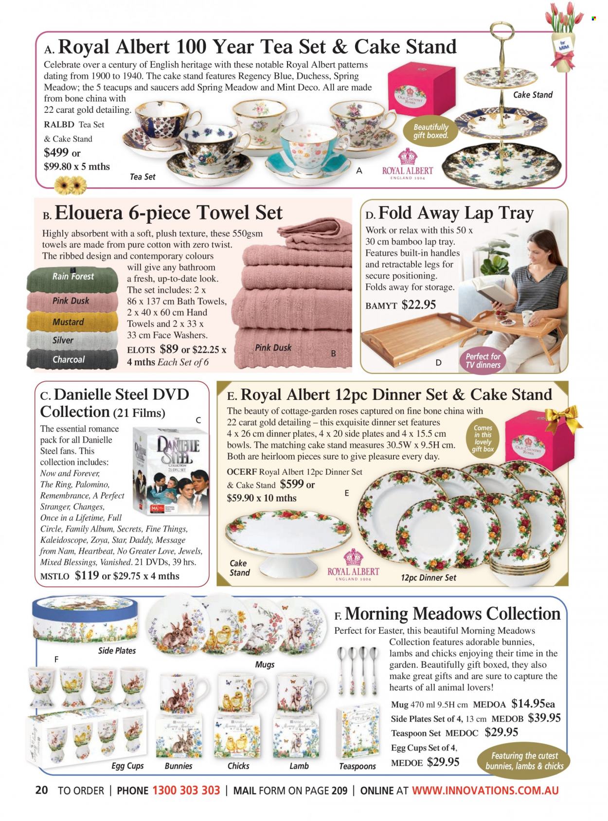 thumbnail - Innovations Catalogue - Sales products - cake stand, dinnerware set, mug, plate, cup, teaspoon, dinner plate, gift box, DVD, bath towel, towel. Page 20.