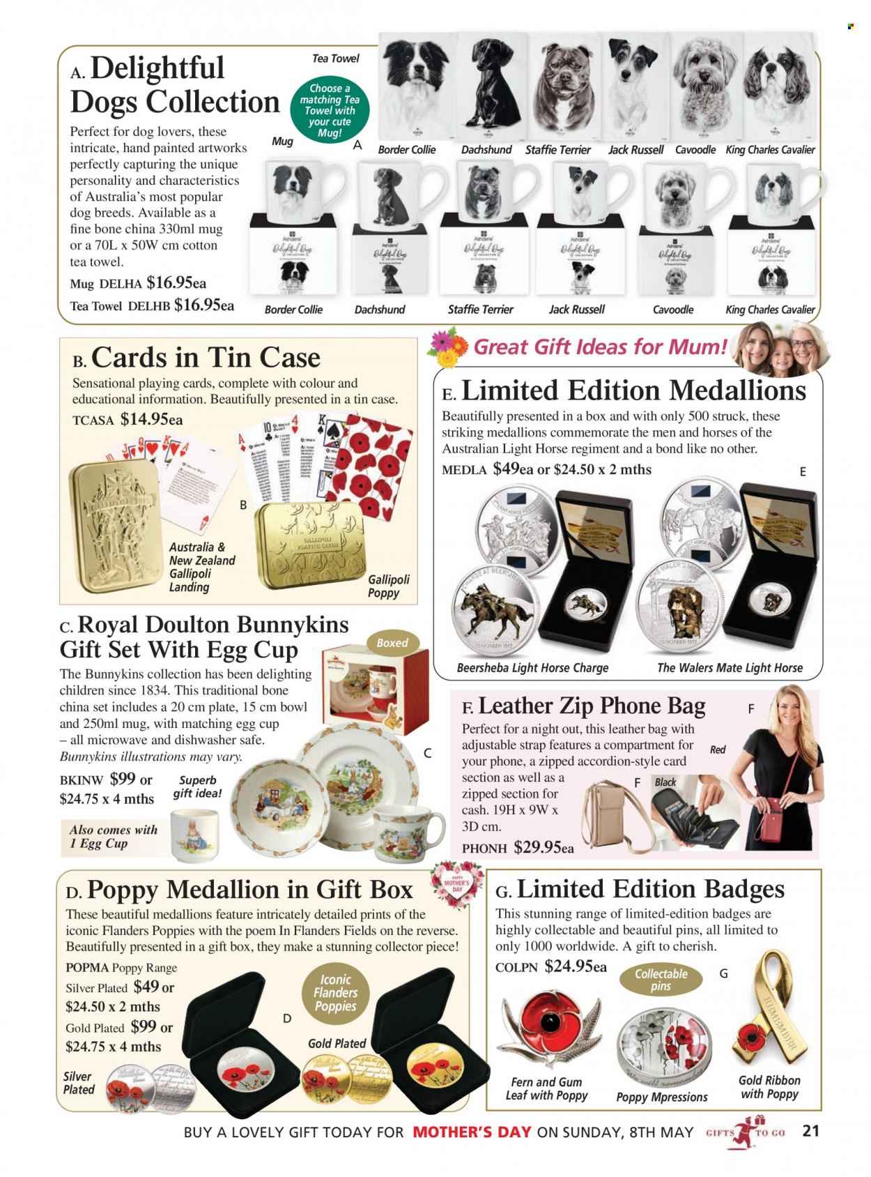 thumbnail - Innovations Catalogue - Sales products - mug, plate, cup, pin, gift box, bag, ribbon, tea towels, leather bag, playing cards. Page 21.