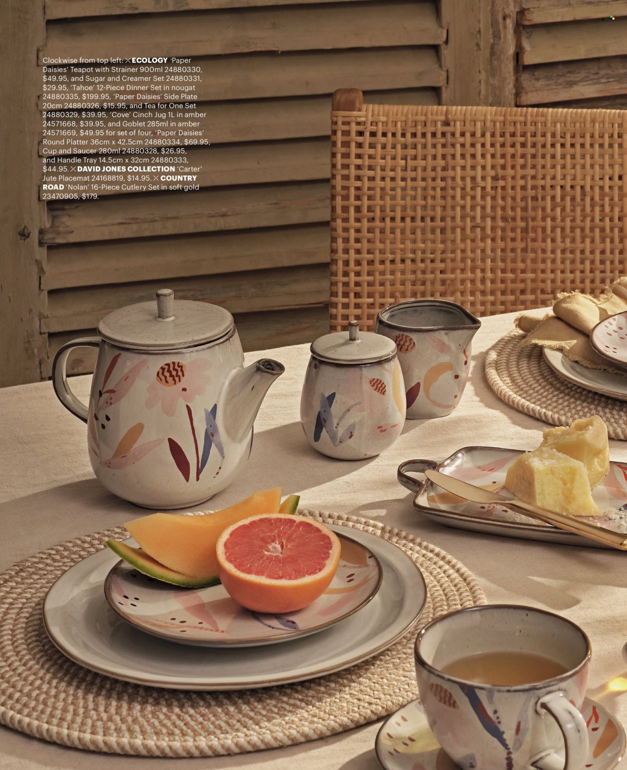 thumbnail - David Jones Catalogue - Sales products - nougat, tea, dinnerware set, teapot, tray, plate, saucer, cutlery set, cup, paper, placemat. Page 10.