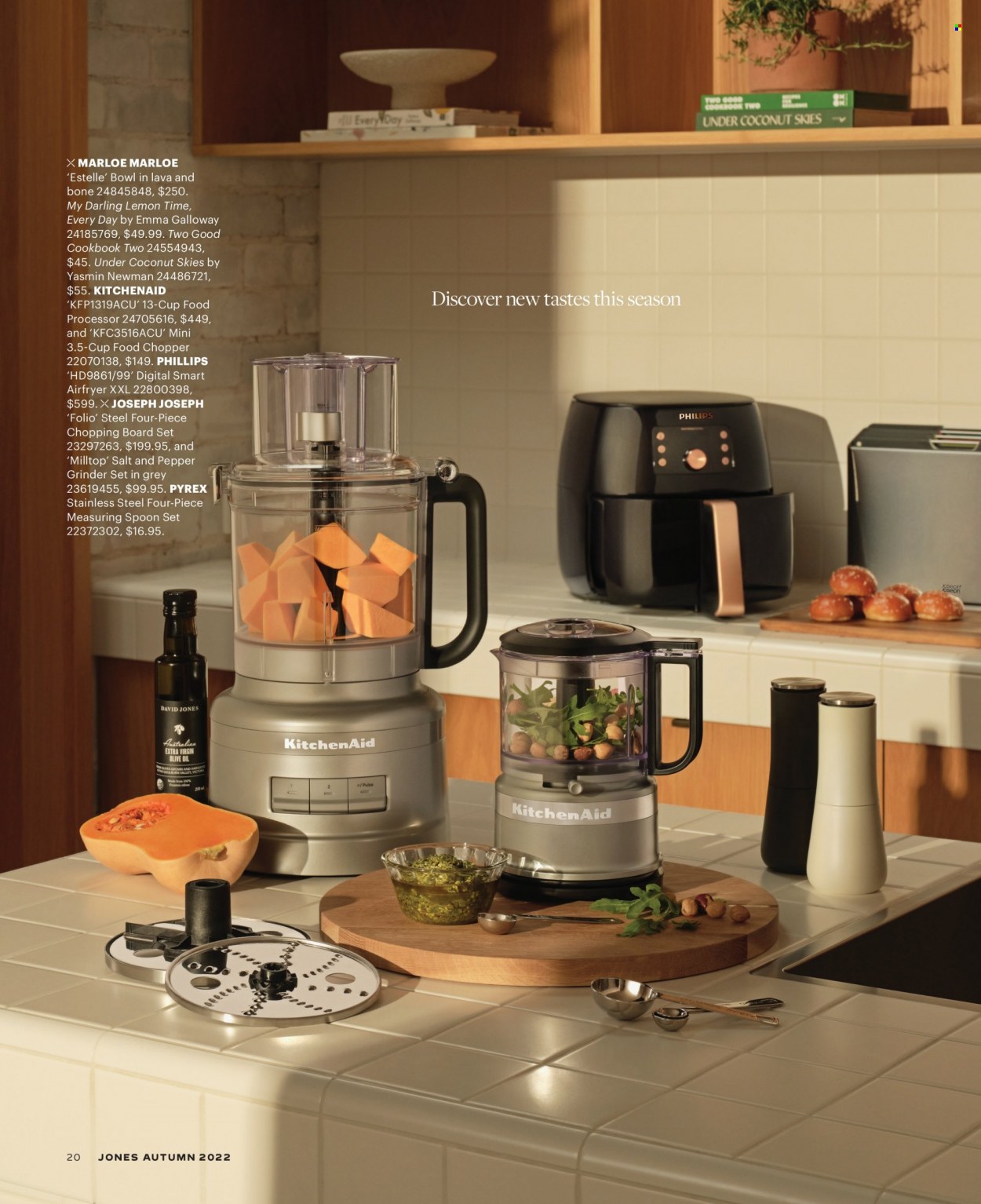 thumbnail - David Jones Catalogue - Sales products - Philips, spice grinder, pepper, extra virgin olive oil, olive oil, oil, KitchenAid, spoon, chopping board, cup, handy chopper, bowl, Pyrex, cookbook, air fryer, food processor. Page 20.