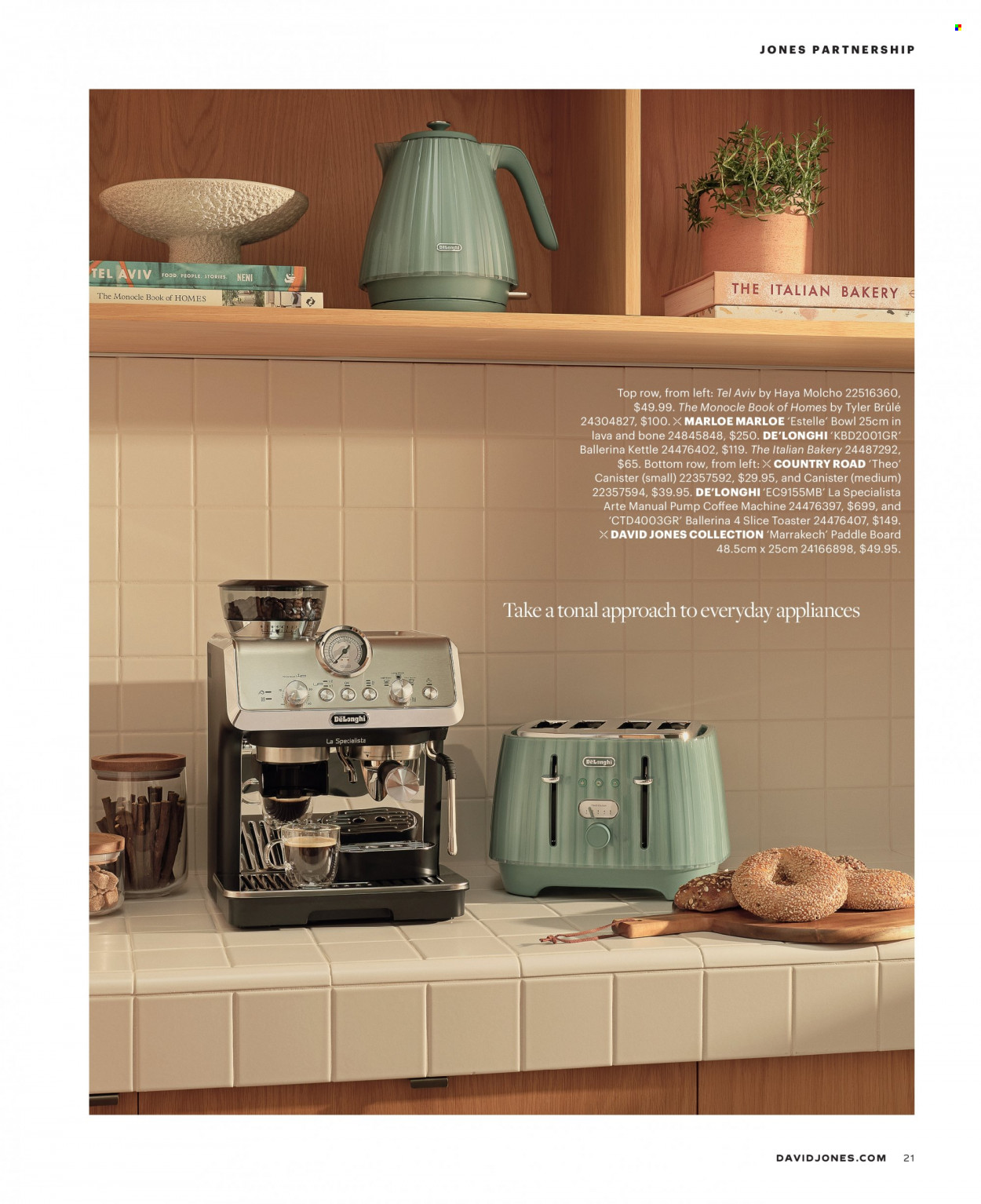 thumbnail - David Jones Catalogue - Sales products - kettle, canister, bowl, book, coffee machine, De'Longhi, toaster. Page 163.