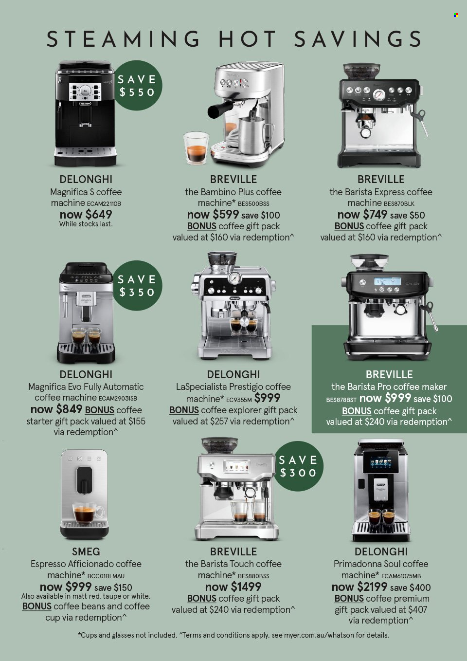 thumbnail - Myer Catalogue - Sales products - coffee cup, Smeg, cup, coffee machine, De'Longhi. Page 3.