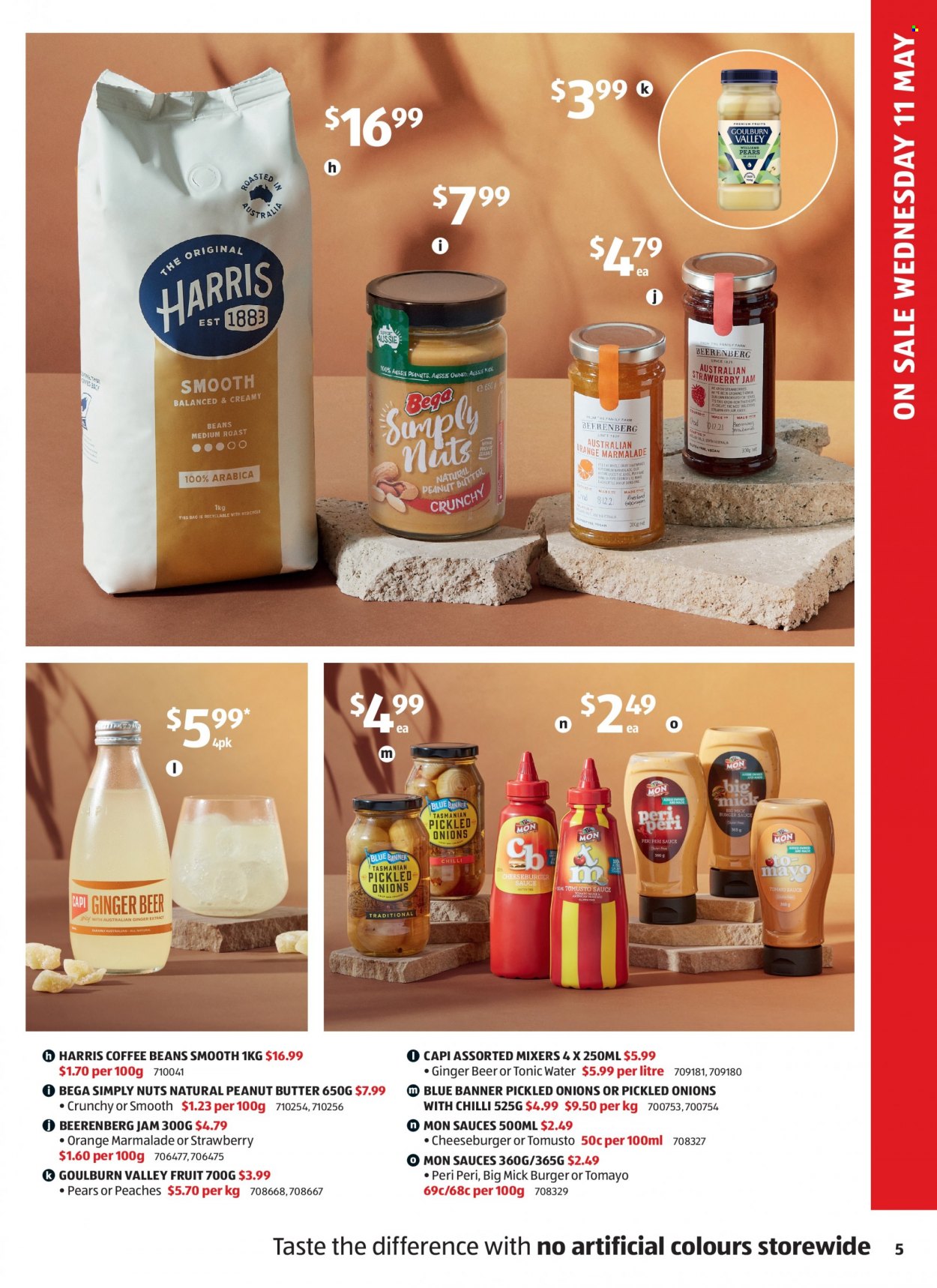 thumbnail - ALDI Catalogue - 11 May 2022 - 17 May 2022 - Sales products - onion, pears, oranges, peaches, cheeseburger, mayonnaise, Harris, strawberry jam, peri peri sauce, fruit jam, peanut butter, peanuts, juice, tonic, coffee beans, beer, Aussie, pipe, ginger beer. Page 5.