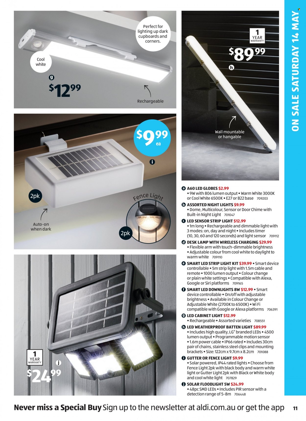 thumbnail - ALDI Catalogue - 11 May 2022 - 17 May 2022 - Sales products - LG, motion sensor, cabinet, lamp, LED strip, lighting, floodlight. Page 11.