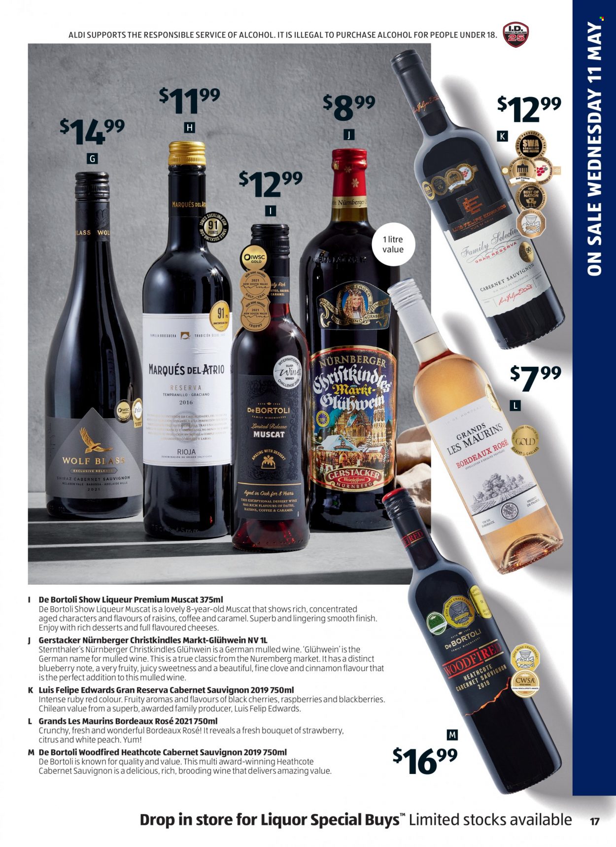 thumbnail - ALDI Catalogue - 11 May 2022 - 17 May 2022 - Sales products - cheese, cloves, cinnamon, raisins, dried fruit, coffee, Cabernet Sauvignon, rosé wine, liqueur, liquor, bouquet. Page 17.