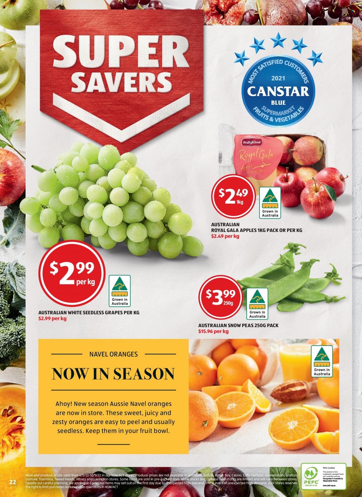 thumbnail - ALDI Catalogue - 11 May 2022 - 17 May 2022 - Sales products - seedless grapes, peas, Gala, grapes, oranges, apples, navel oranges, snow peas, Aussie, bowl. Page 22.
