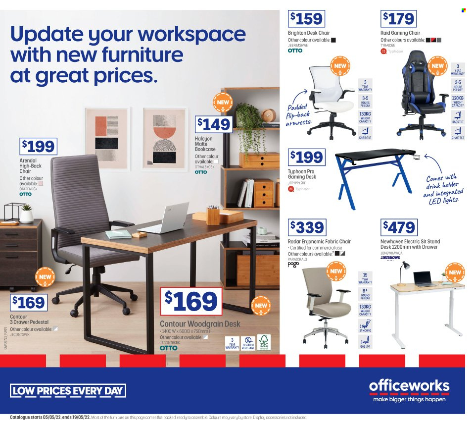 thumbnail - Officeworks Catalogue - 5 May 2022 - 19 May 2022 - Sales products - desk, chair. Page 1.