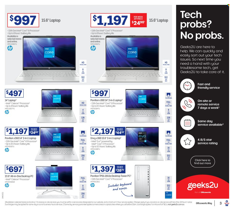 thumbnail - Officeworks Catalogue - 5 May 2022 - 19 May 2022 - Sales products - Intel, Hewlett Packard, keyboard, desktop computer, laptop, mouse. Page 10.