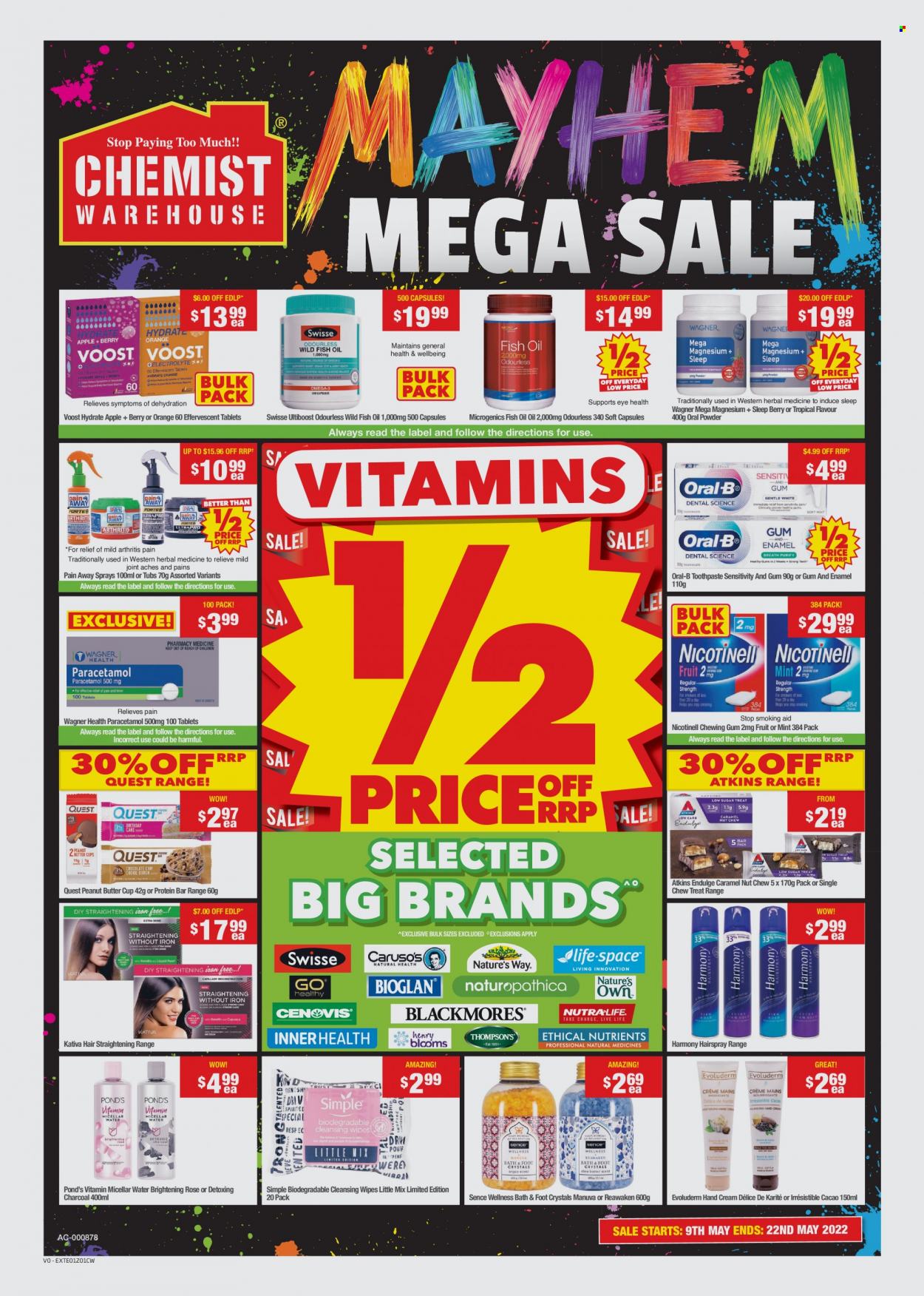 thumbnail - Chemist Warehouse Catalogue - 9 May 2022 - 22 May 2022 - Sales products - cleansing wipes, wipes, POND'S, Swisse, Oral-B, toothpaste, micellar water, hand cream, fish oil, magnesium. Page 1.
