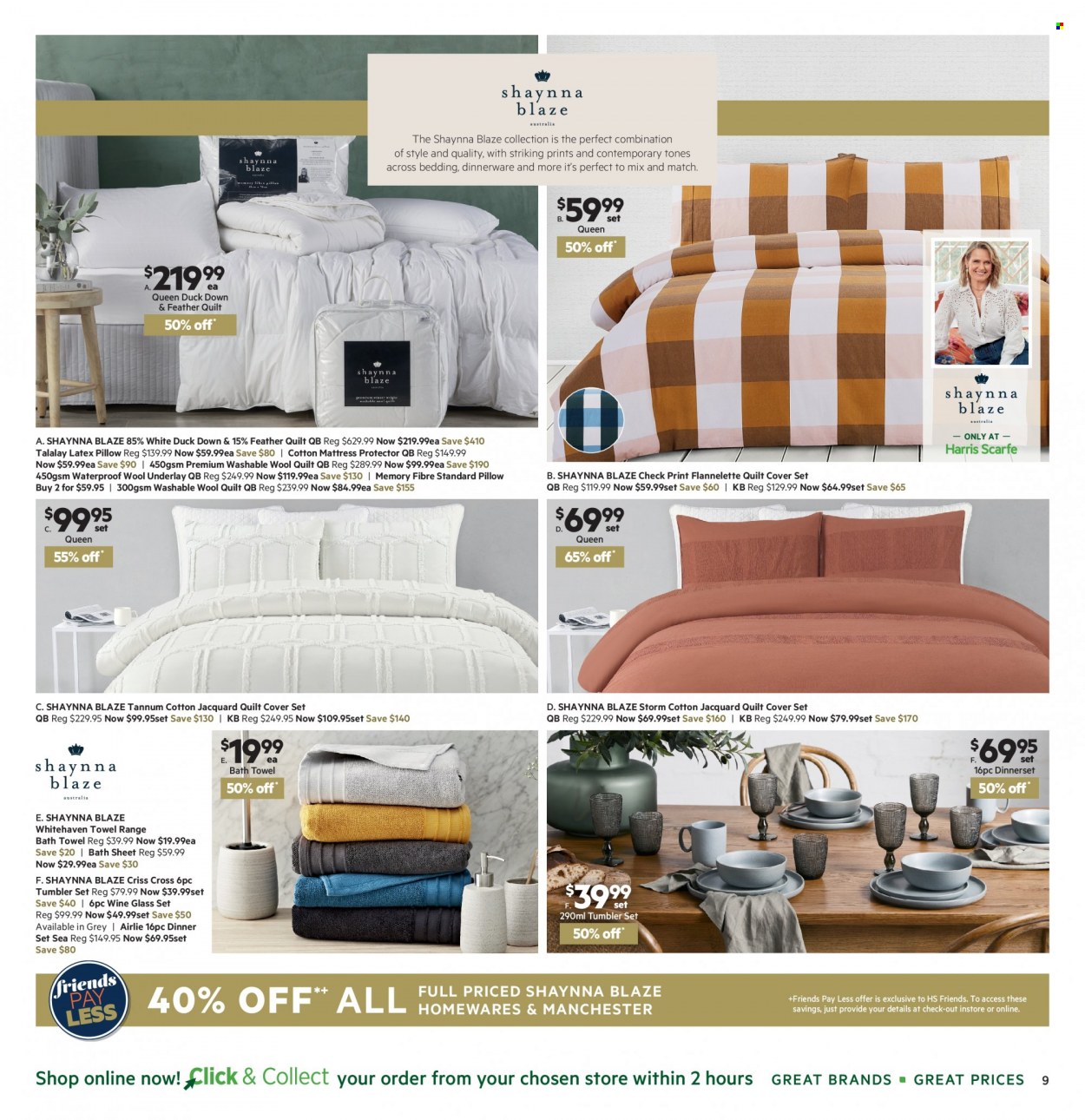 thumbnail - Harris Scarfe Catalogue - 9 May 2022 - 22 May 2022 - Sales products - dinnerware set, tumbler, wine glass, bedding, pillow, quilt, wool quilt, mattress protector, quilt cover set, bath towel, towel. Page 9.