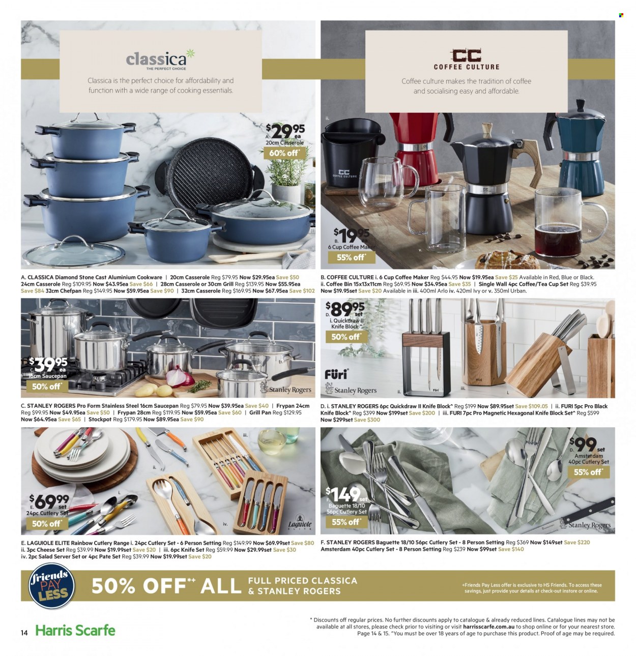 thumbnail - Harris Scarfe Catalogue - 9 May 2022 - 22 May 2022 - Sales products - bin, knife, cookware set, pan, grill pan, casserole, knife block, cutlery set, cup, saucepan, stockpot, frying pan, tea cup, coffee machine. Page 14.