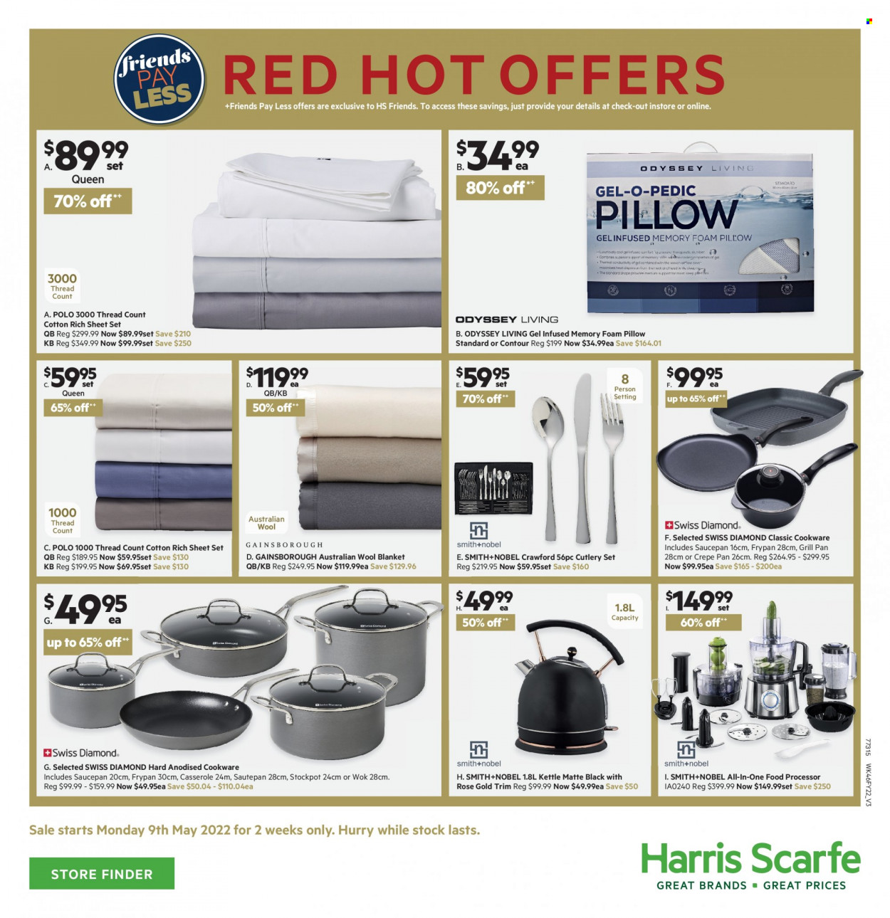 thumbnail - Harris Scarfe Catalogue - 9 May 2022 - 22 May 2022 - Sales products - cookware set, pan, wok, grill pan, casserole, cutlery set, saucepan, stockpot, frying pan, Smith+Nobel, blanket, pillow, foam pillow, wool throw, food processor, kettle. Page 20.