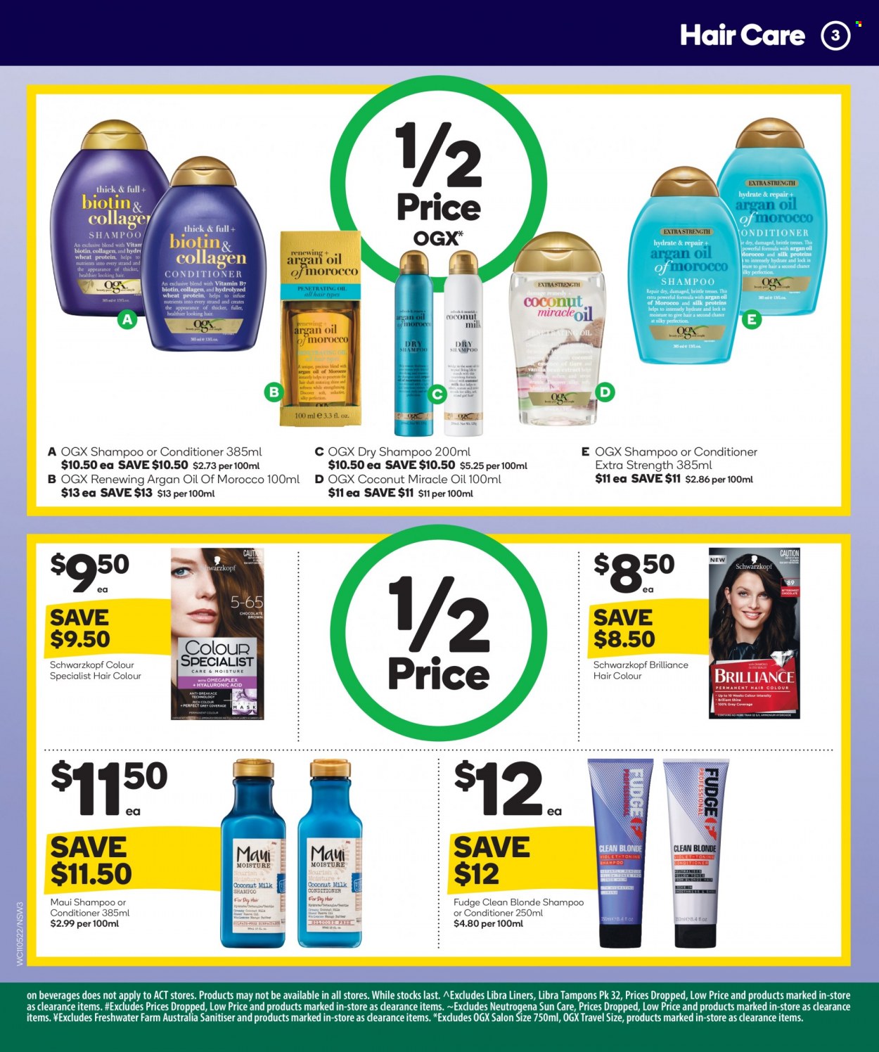 thumbnail - Woolworths Catalogue - 11 May 2022 - 17 May 2022 - Sales products - fudge, shampoo, Schwarzkopf, tampons, Neutrogena, OGX, conditioner, hair color, argan oil. Page 4.