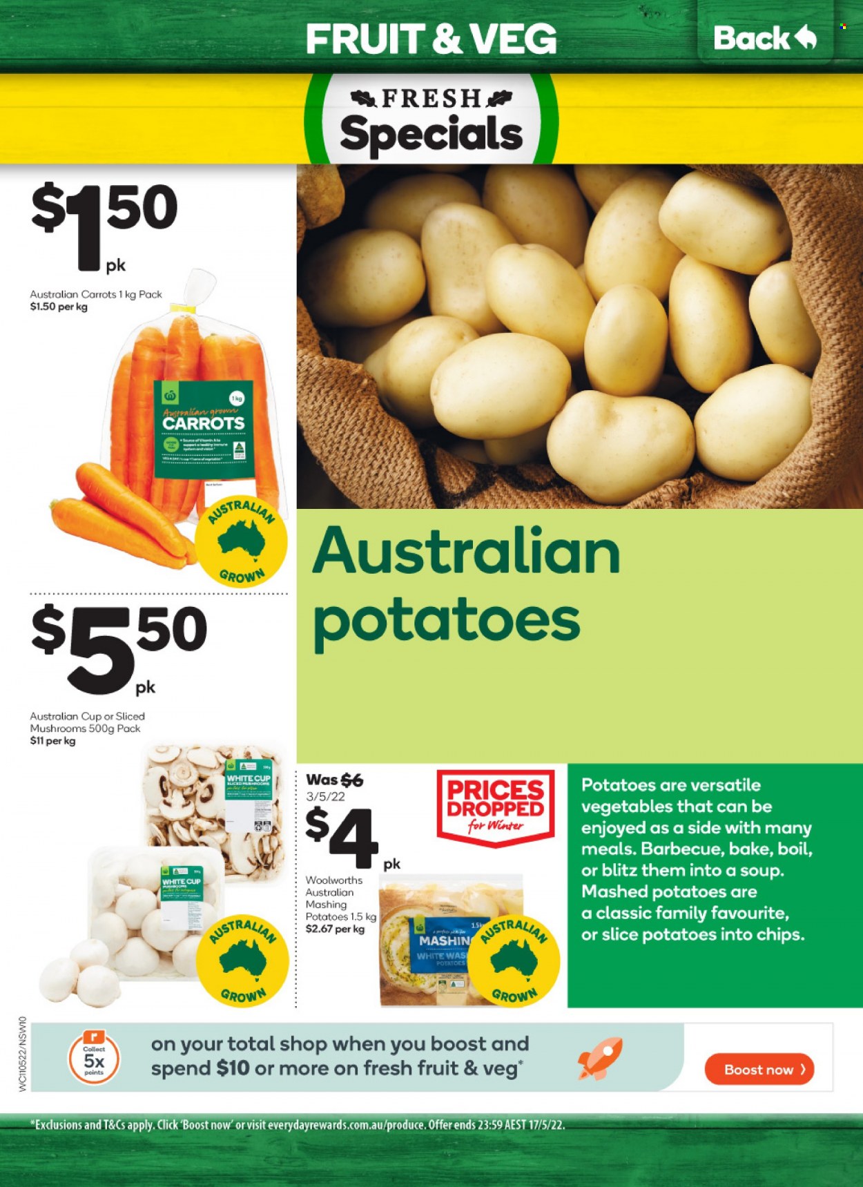 thumbnail - Woolworths Catalogue - 11 May 2022 - 17 May 2022 - Sales products - mushrooms, carrots, mashed potatoes, soup, chips, Boost, cup. Page 10.
