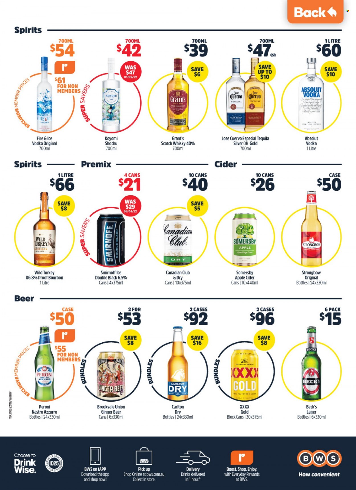 thumbnail - Woolworths Catalogue - 11 May 2022 - 17 May 2022 - Sales products - Boost, apple cider, bourbon, Smirnoff, tequila, vodka, Grant's, Absolut, scotch whisky, whisky, cider, beer, Peroni, Beck's, Lager, ginger beer. Page 40.