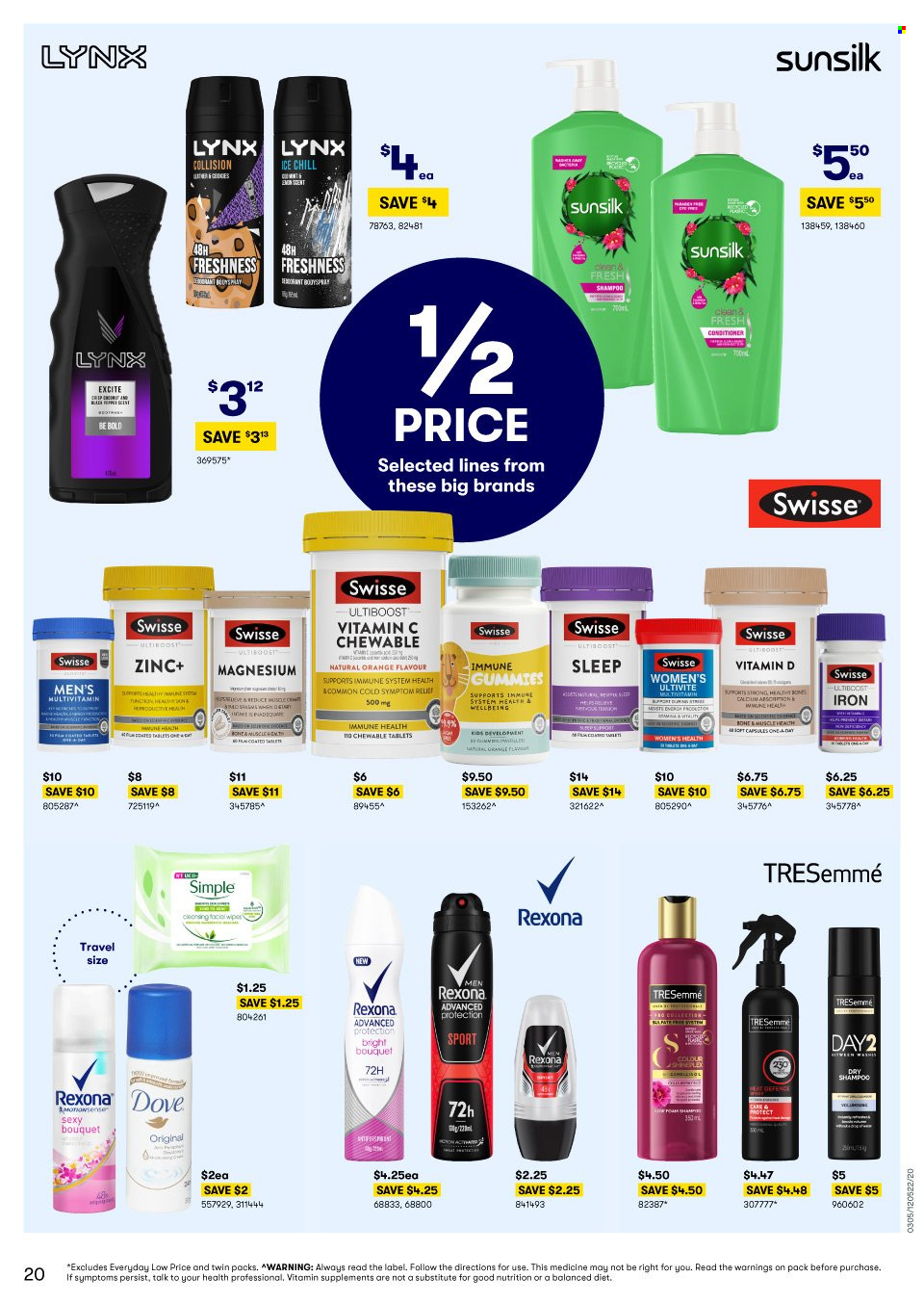 thumbnail - BIG W Catalogue - Sales products - wipes, Dove, shampoo, Sunsilk, Swisse, conditioner, TRESemmé, Rexona, iron, bouquet. Page 20.