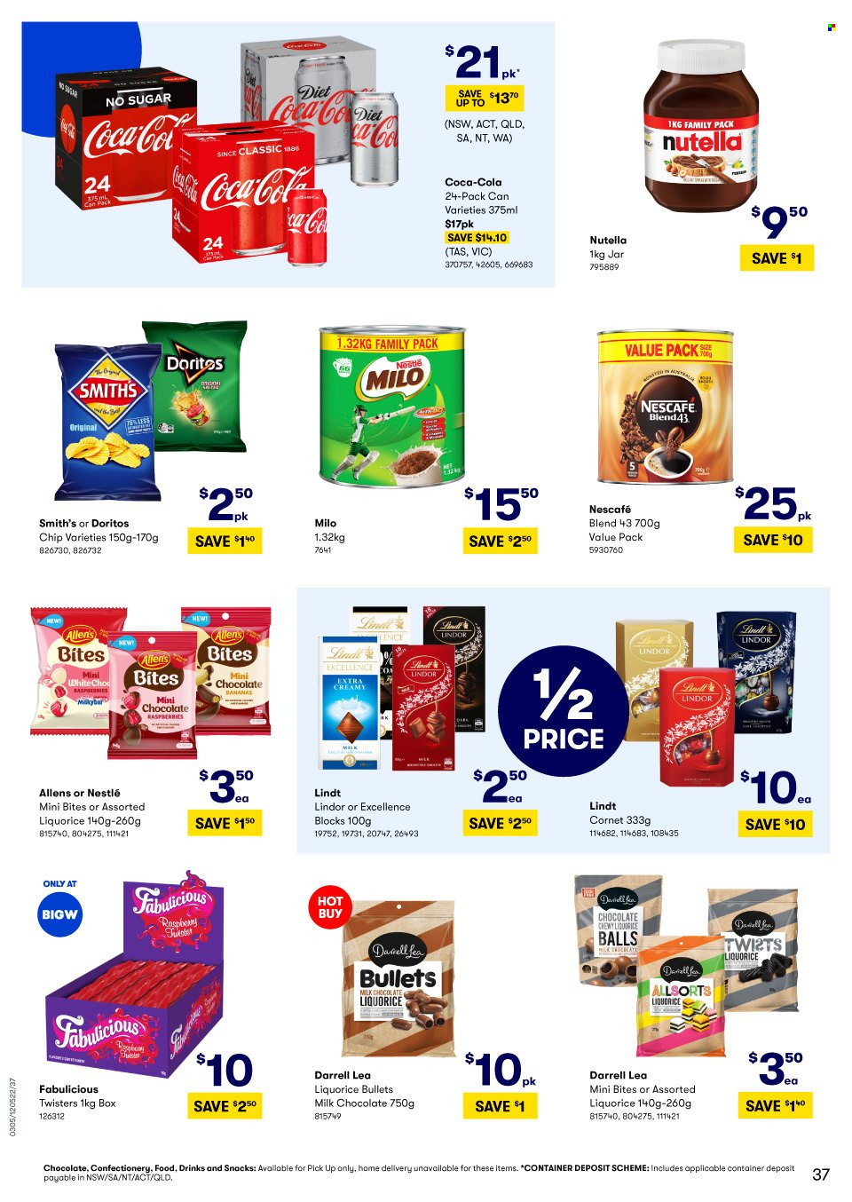 thumbnail - BIG W Catalogue - Sales products - milk chocolate, Nestlé, Nutella, chocolate, Lindt, Lindor, Milkybar, Doritos, Smith's, Coca-Cola, container. Page 37.
