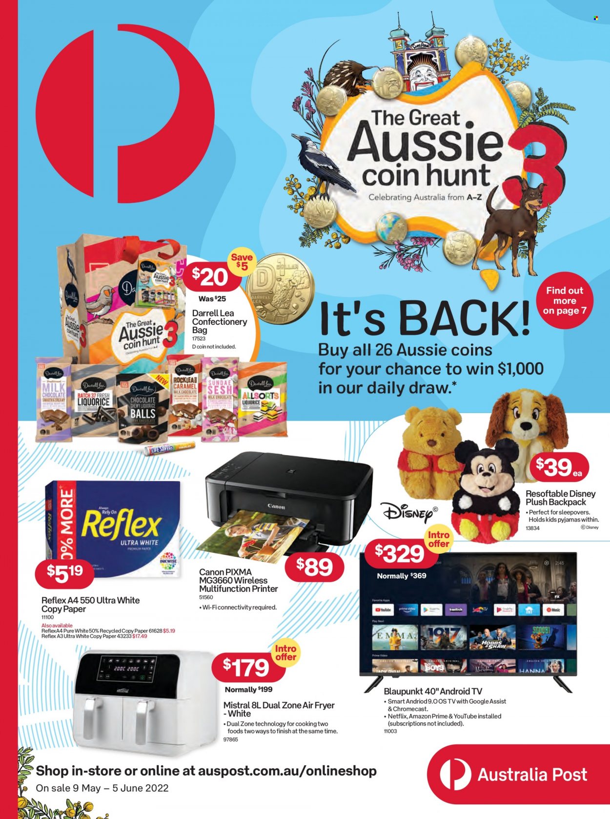 thumbnail - Australia Post Catalogue - 9 May 2022 - 5 Jun 2022 - Sales products - Aussie, Disney, bag, Canon, Android TV, TV, Google Chromecast, air fryer, printer. Page 1.